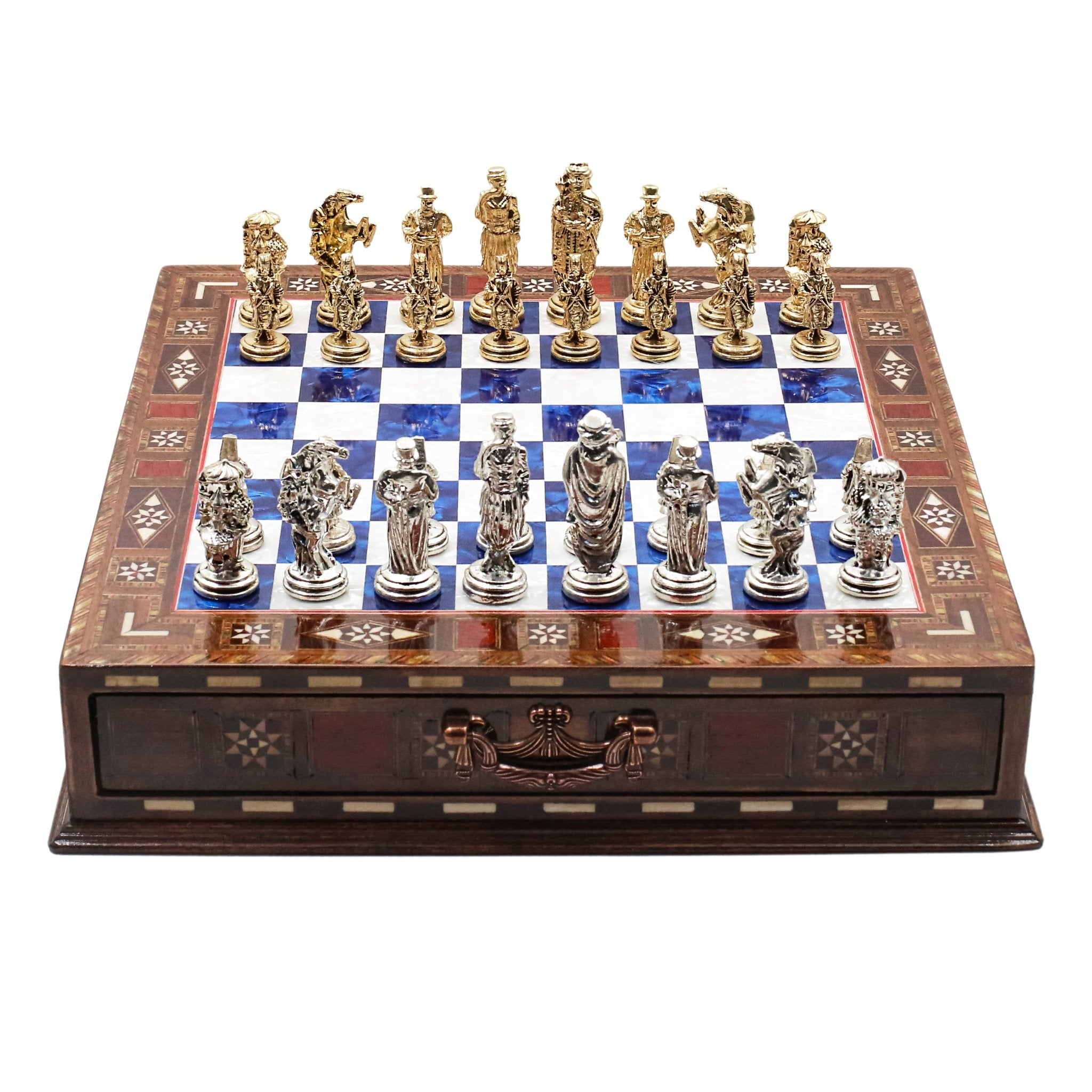 Handmade Inlay Chess Set with Drawer Storage 30 CM (12") - Die Cast Metal Pieces | Ottoman Empire - Cooper Chess