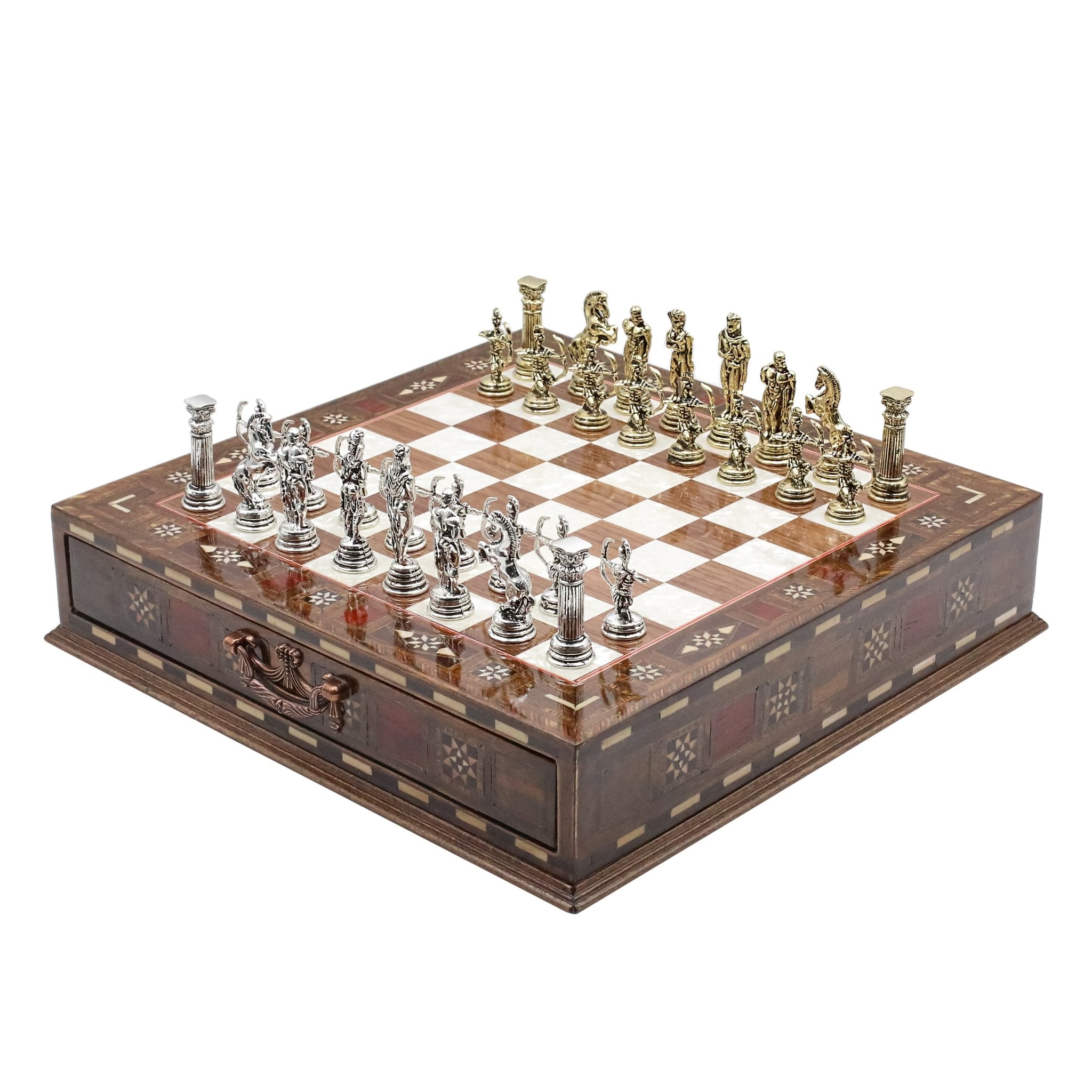 Handmade Inlay Chess Set with Drawer Storage 30 CM (12") - Die Cast Metal Pieces | Greek Mythology Archer - Cooper Chess