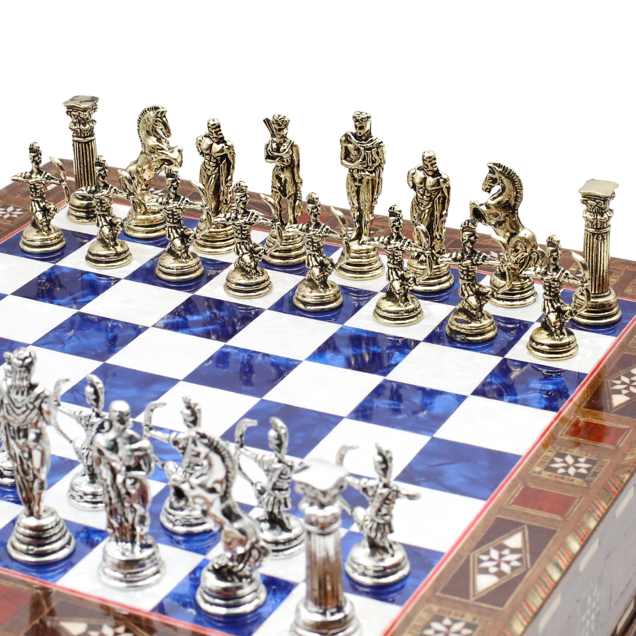 Handmade Inlay Chess Set with Drawer Storage 30 CM (12") - Die Cast Metal Pieces | Greek Mythology Archer - Cooper Chess