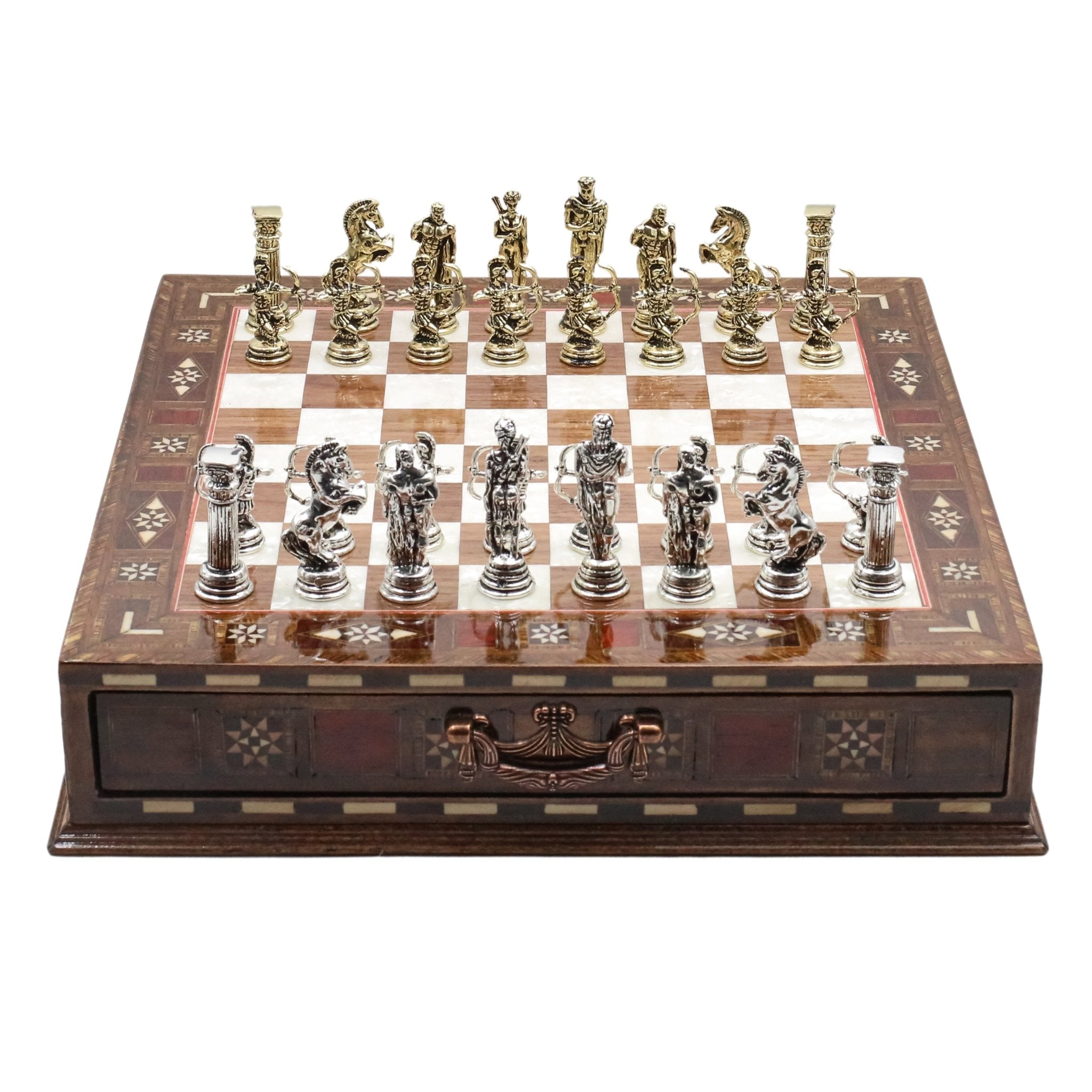 Handmade Inlay Chess Set with Drawer Storage 30 CM (12") - Die Cast Metal Pieces | Greek Mythology Archer - Cooper Chess