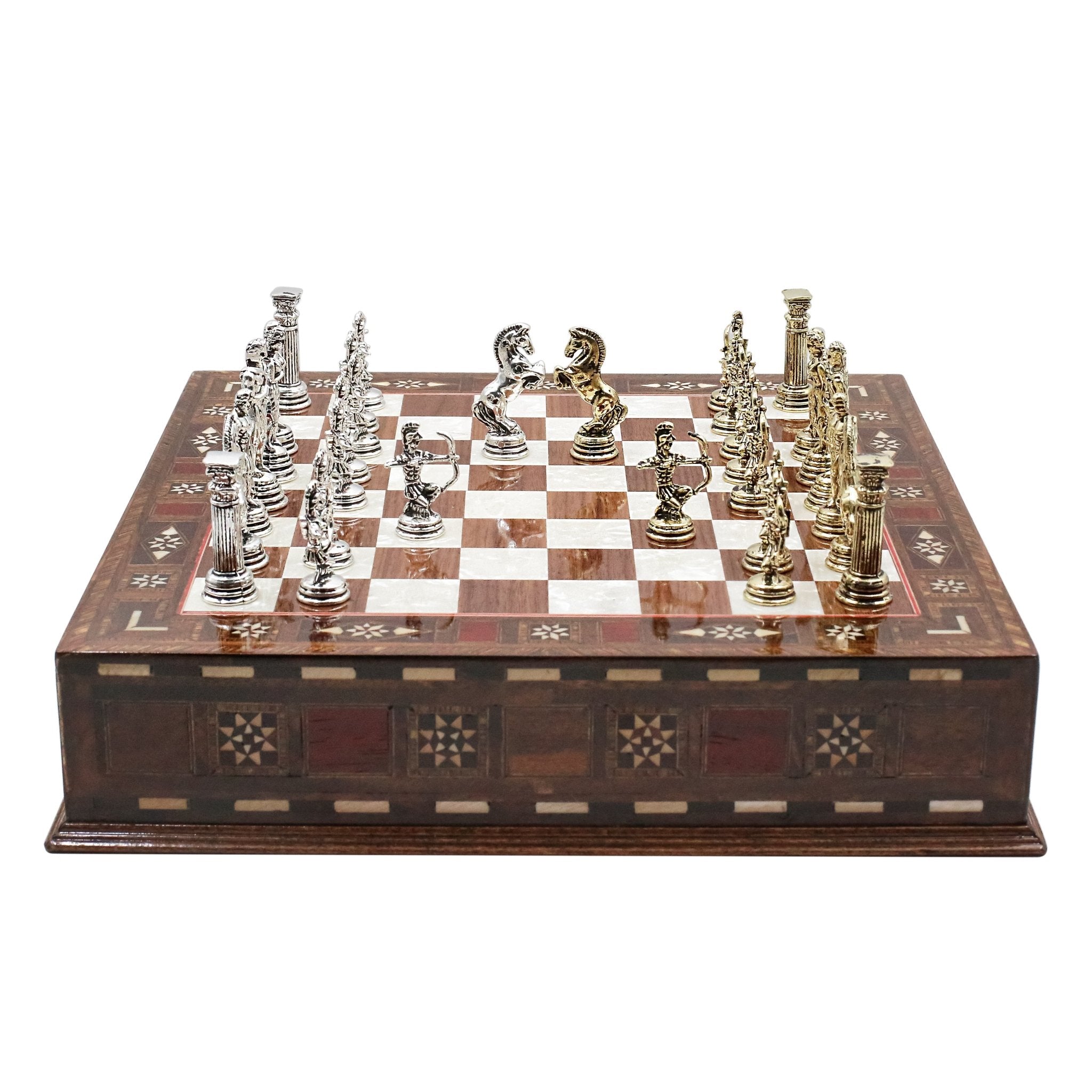 Handmade Inlay Chess Set with Drawer Storage 30 CM (12") - Die Cast Metal Pieces | Greek Mythology Archer - Cooper Chess