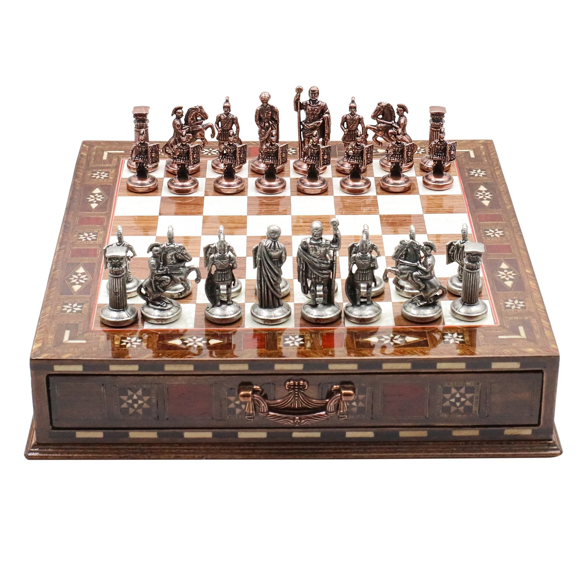 Handmade Inlay Chess Set with Drawer Storage 30 CM (12") - Die Cast Metal Pieces | Vintage Roman Empire - Cooper Chess