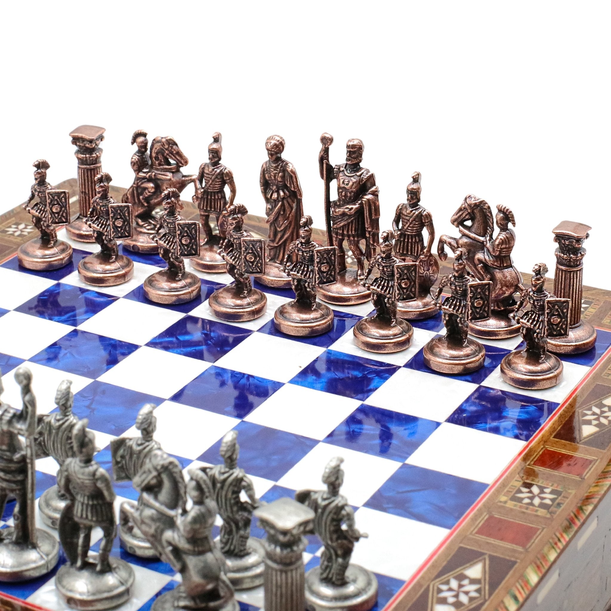Handmade Inlay Chess Set with Drawer Storage 30 CM (12") - Die Cast Metal Pieces | Vintage Roman Empire - Cooper Chess