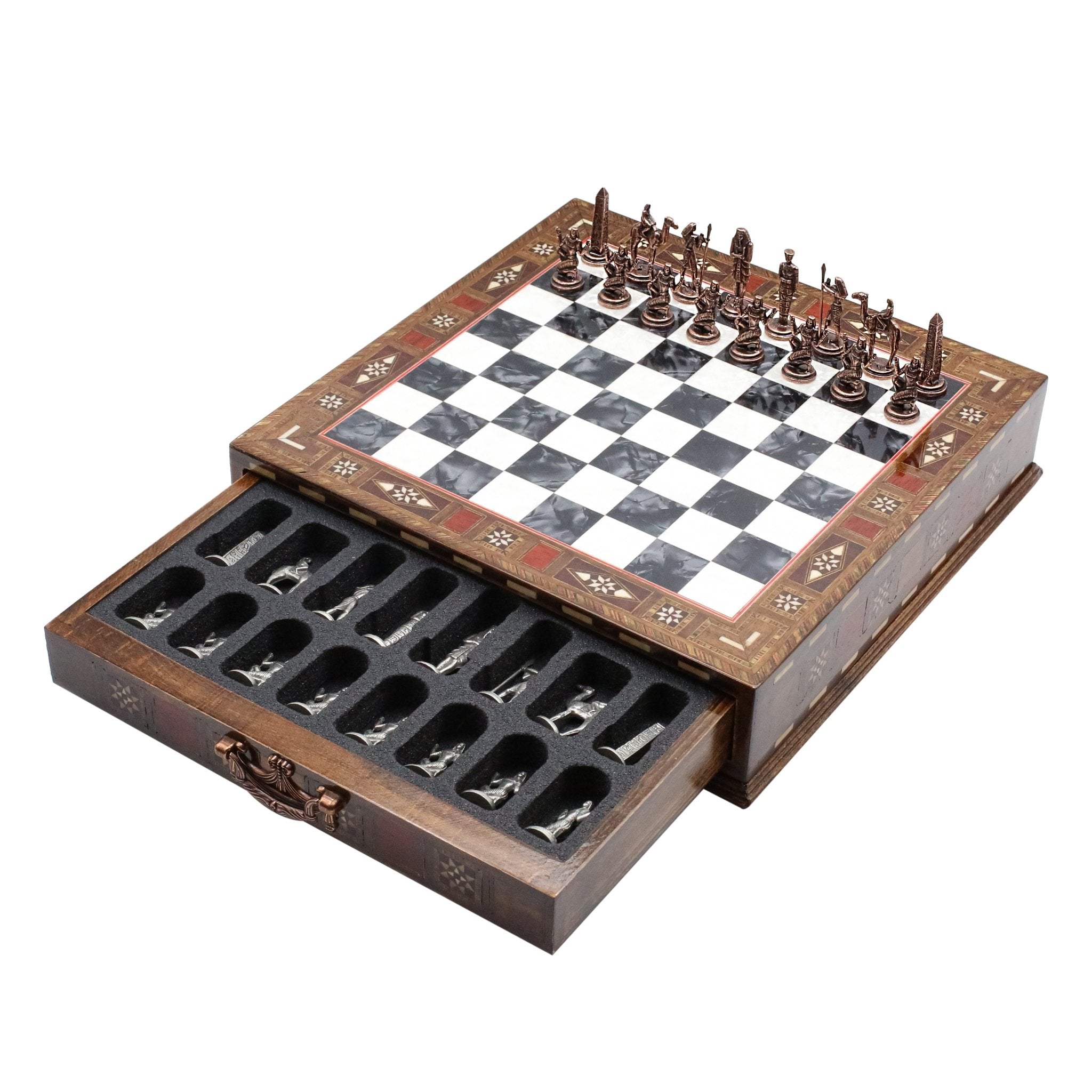 Handmade Inlay Chess Set with Drawer Storage 30 CM (12") - Die Cast Metal Pieces | Vintage Egyptian Cleopatra - Cooper Chess