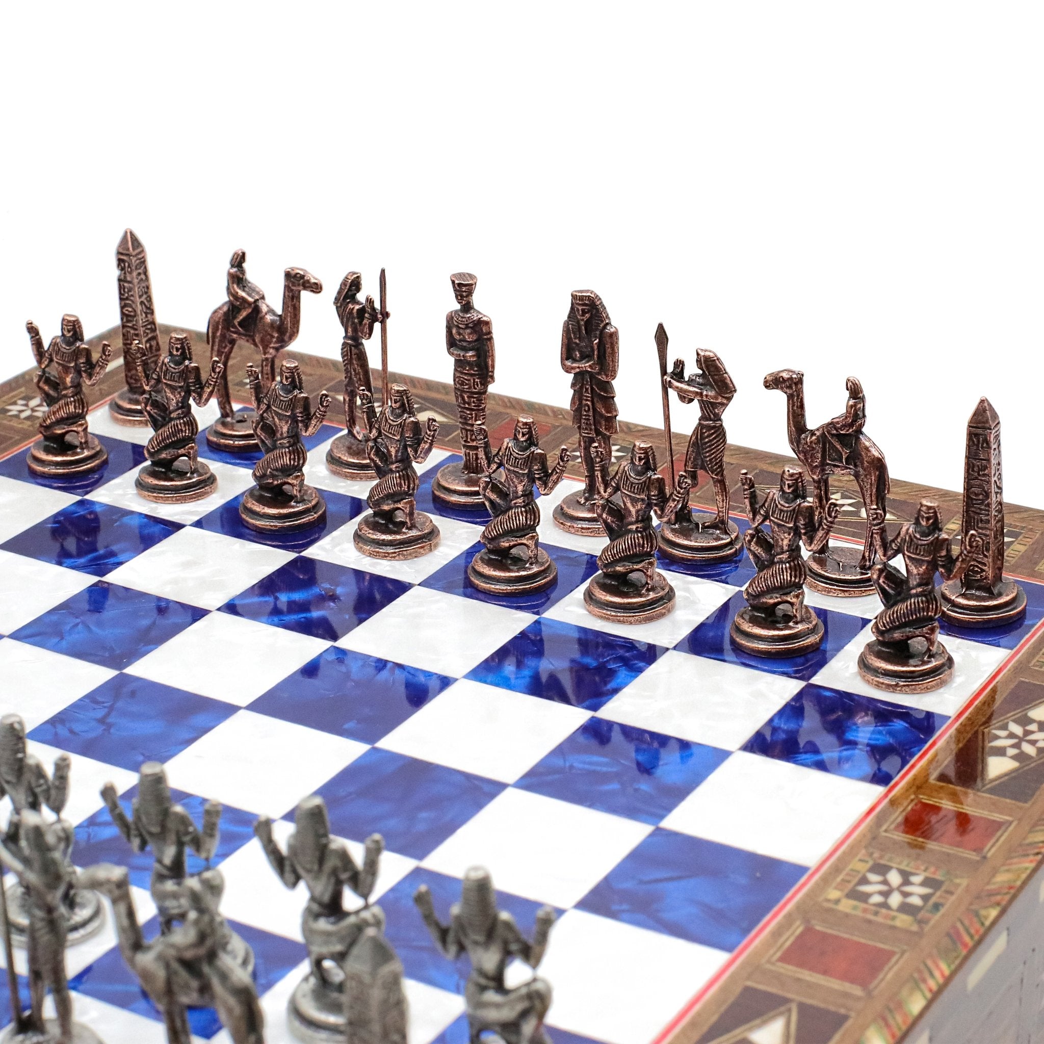 Handmade Inlay Chess Set with Drawer Storage 30 CM (12") - Die Cast Metal Pieces | Vintage Egyptian Cleopatra - Cooper Chess