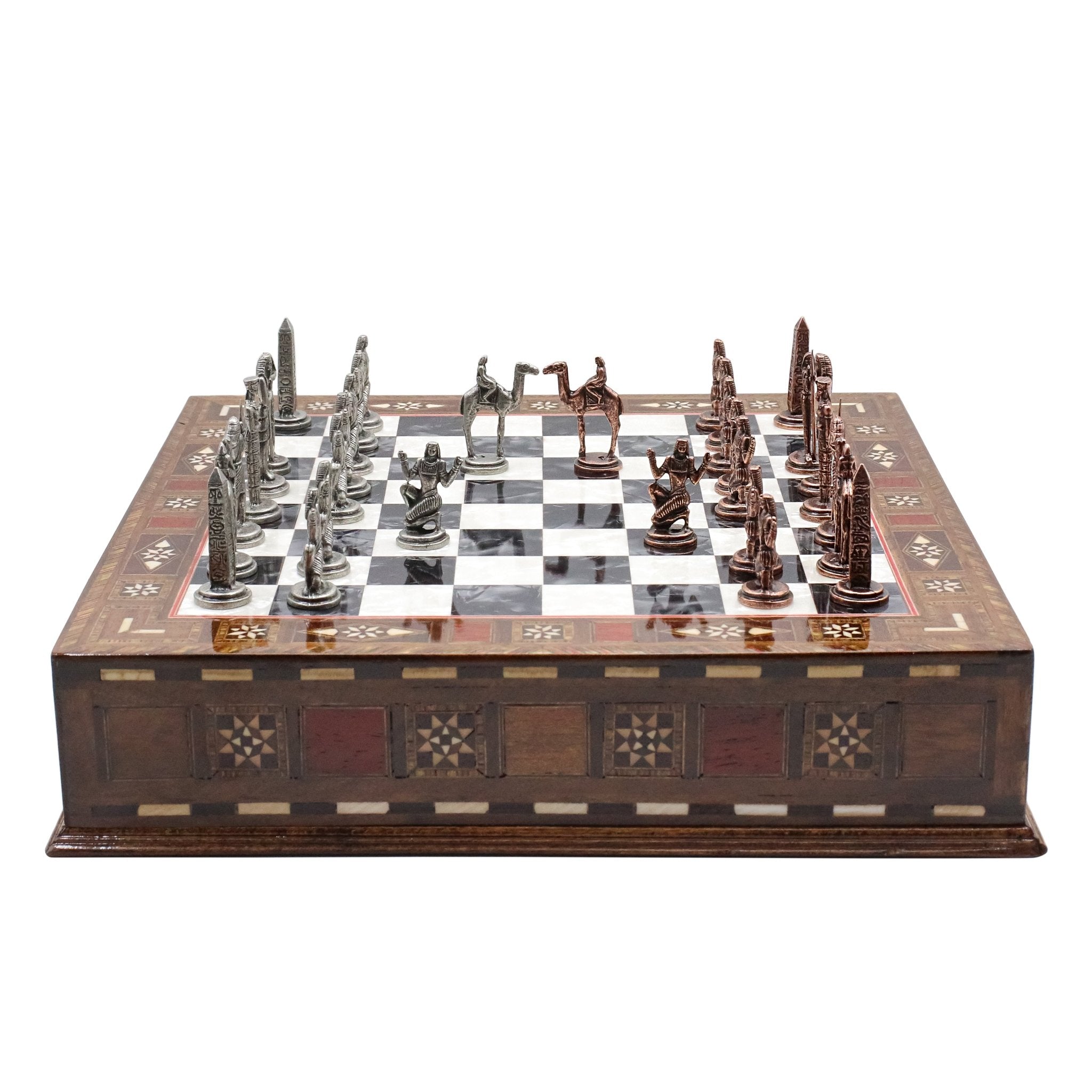 Handmade Inlay Chess Set with Drawer Storage 30 CM (12") - Die Cast Metal Pieces | Vintage Egyptian Cleopatra - Cooper Chess