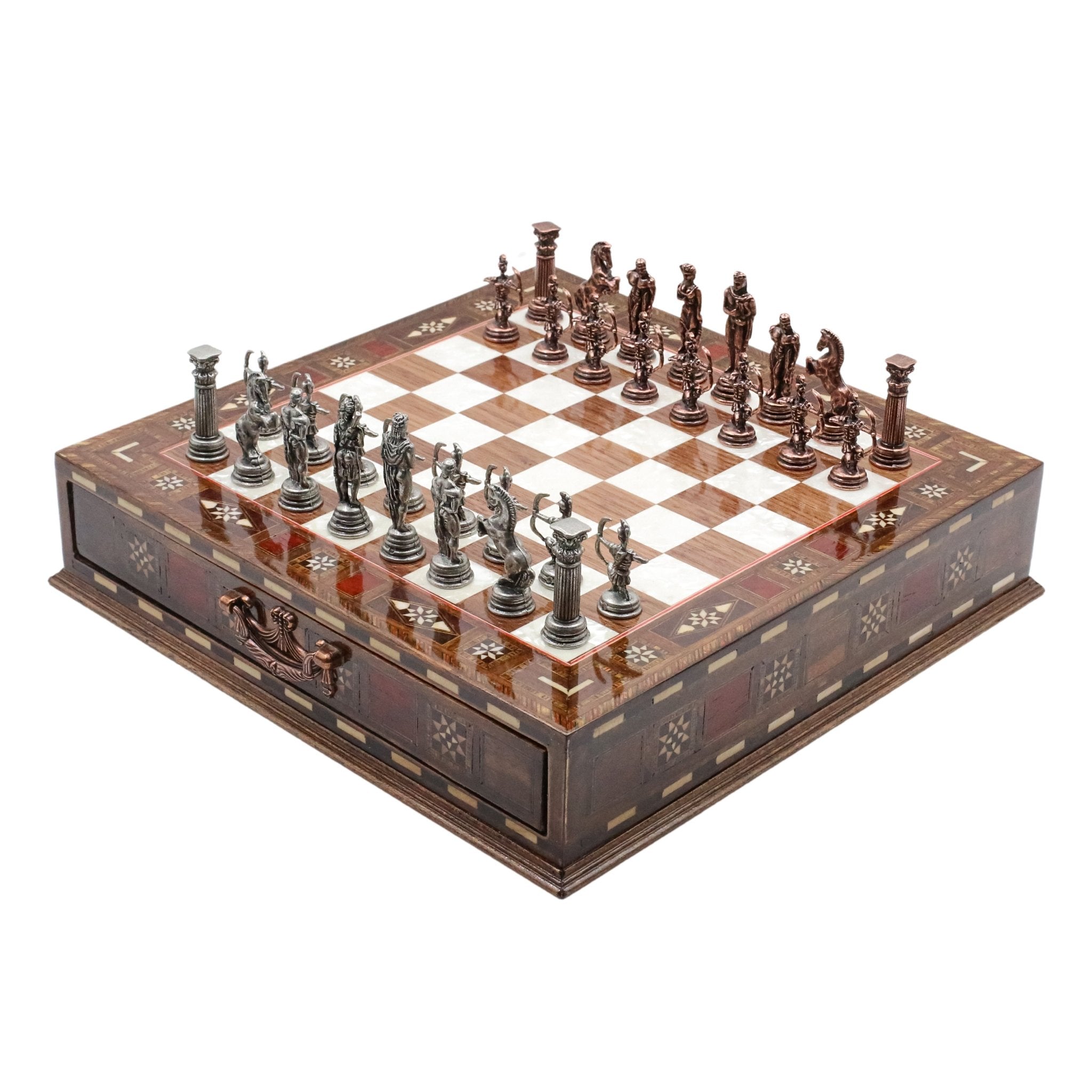 Handmade Inlay Chess Set with Drawer Storage 30 CM (12") - Die Cast Metal Pieces | Vintage Mythology Archer - Cooper Chess