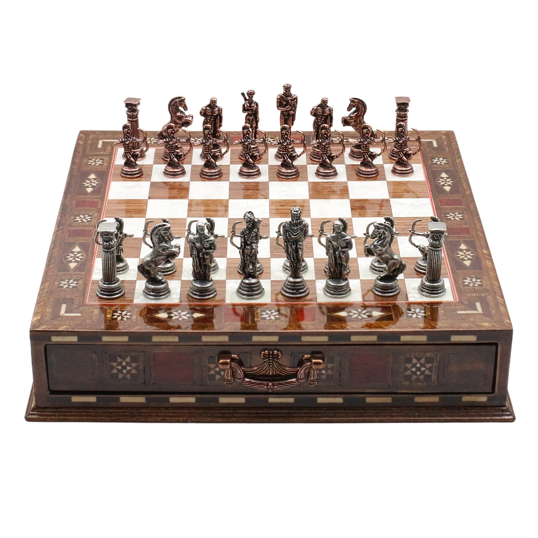 Handmade Inlay Chess Set with Drawer Storage 30 CM (12") - Die Cast Metal Pieces | Vintage Mythology Archer - Cooper Chess