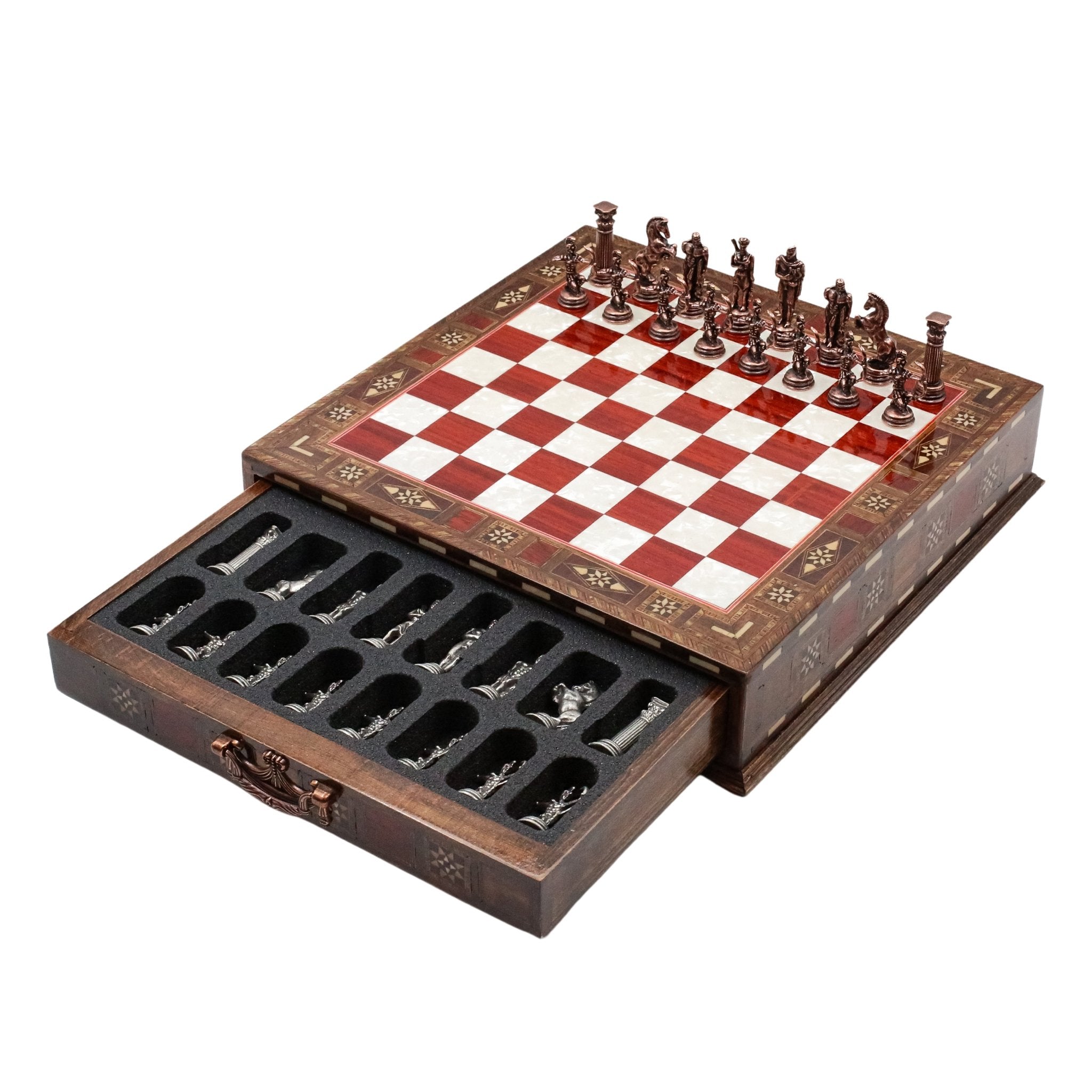 Handmade Inlay Chess Set with Drawer Storage 30 CM (12") - Die Cast Metal Pieces | Vintage Mythology Archer - Cooper Chess