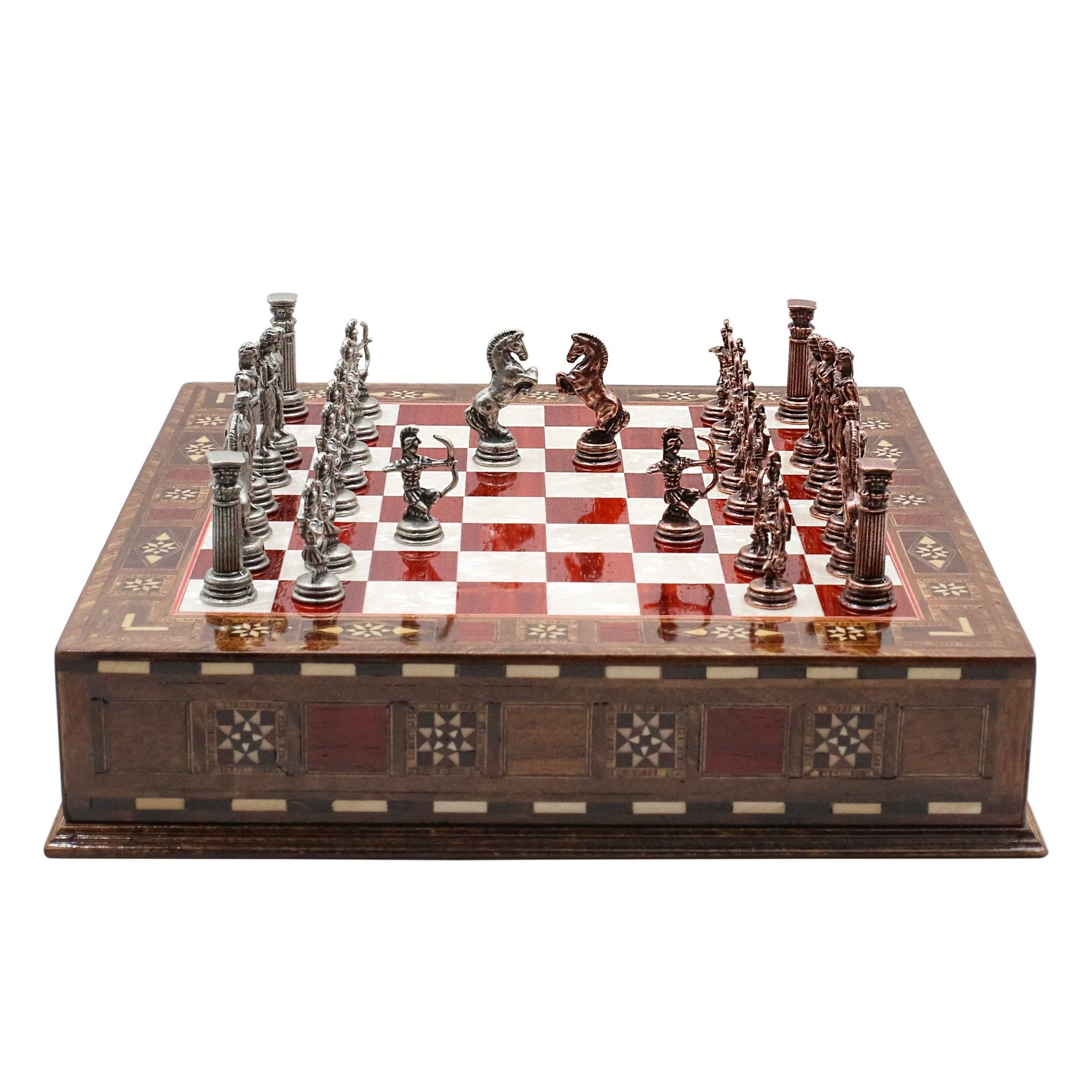 Handmade Inlay Chess Set with Drawer Storage 30 CM (12") - Die Cast Metal Pieces | Vintage Mythology Archer - Cooper Chess
