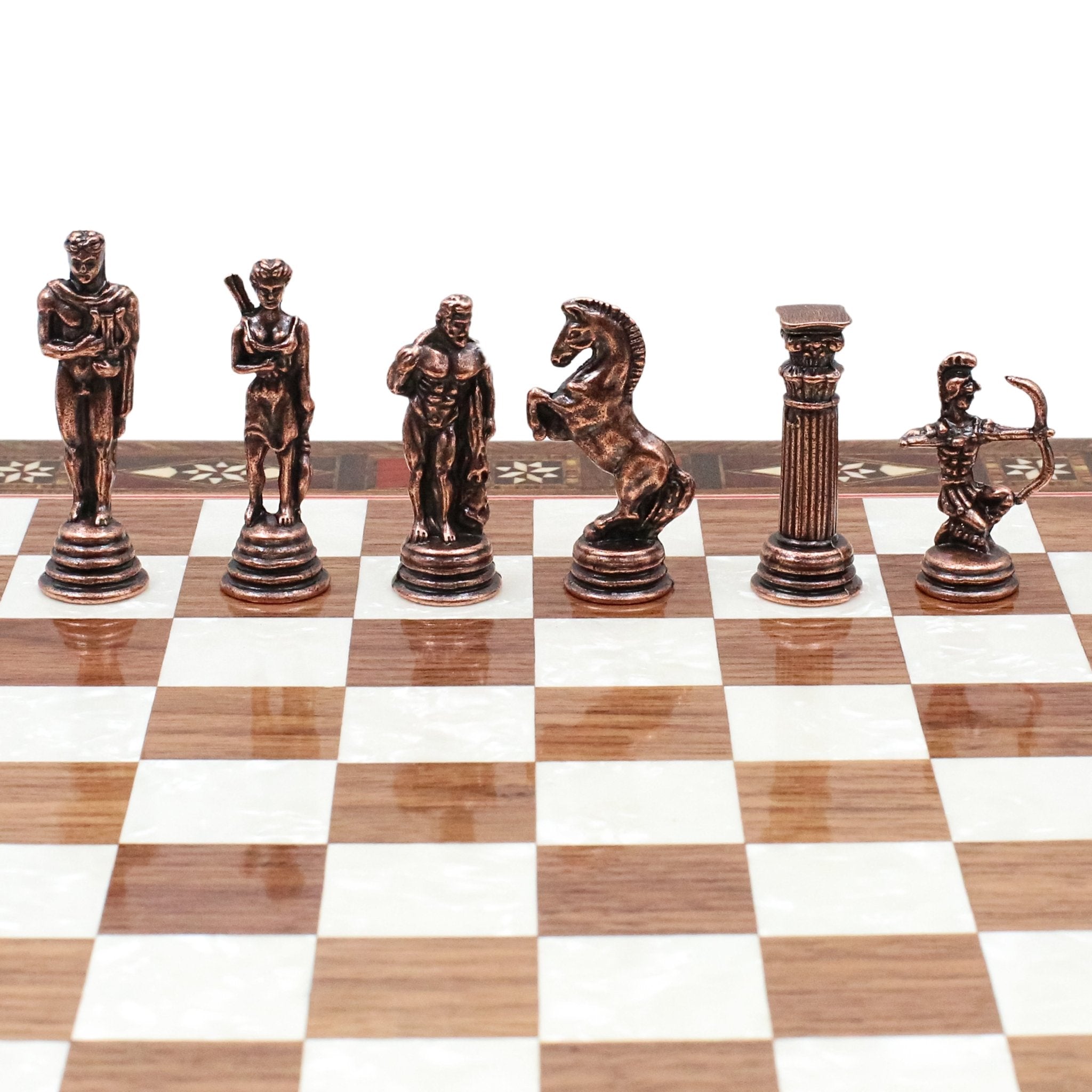 Handmade Inlay Chess Set with Drawer Storage 30 CM (12") - Die Cast Metal Pieces | Vintage Mythology Archer - Cooper Chess