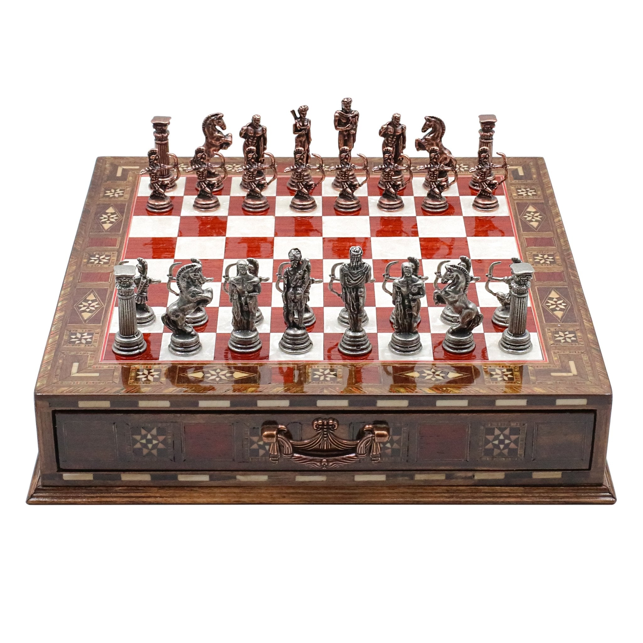Handmade Inlay Chess Set with Drawer Storage 30 CM (12") - Die Cast Metal Pieces | Vintage Mythology Archer - Cooper Chess