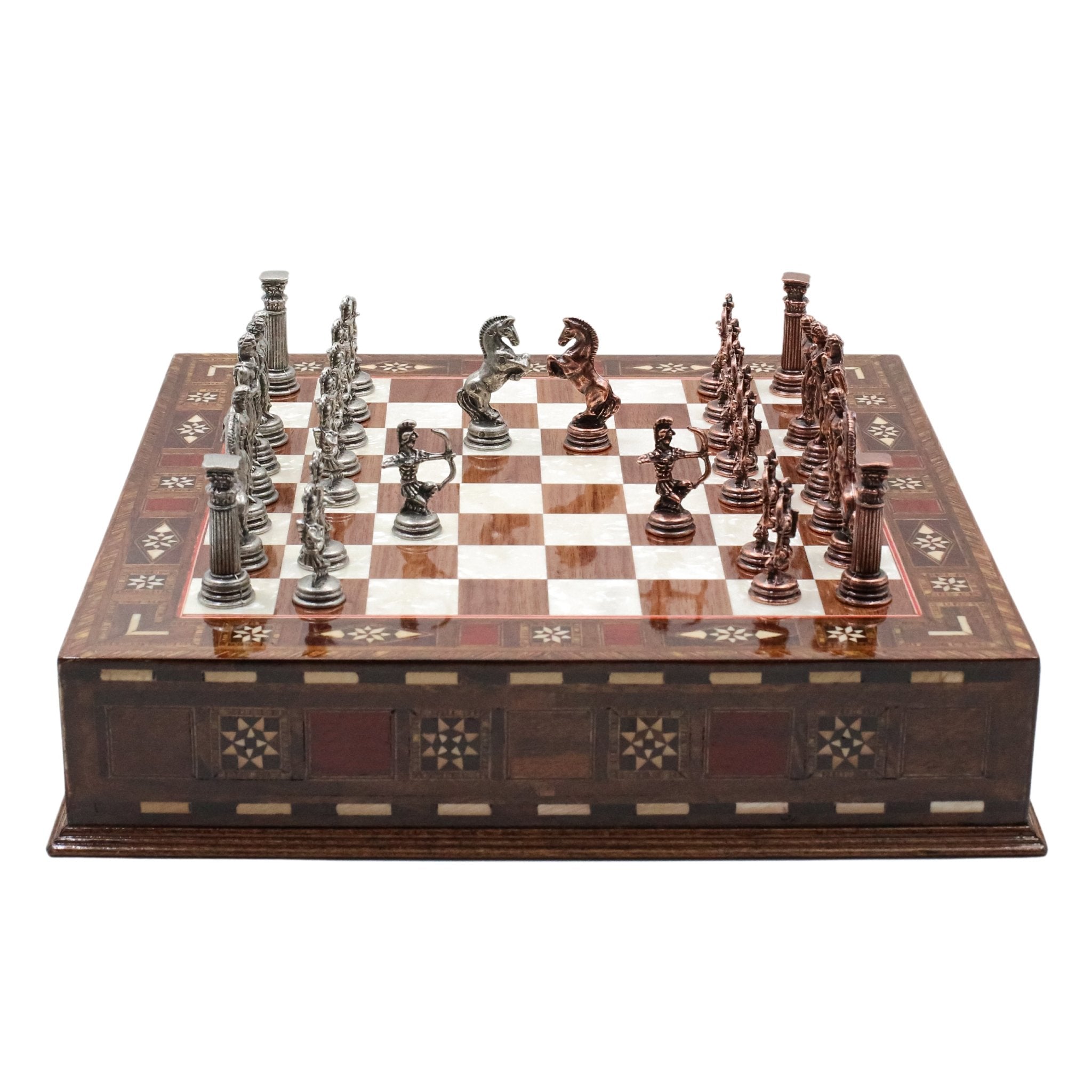 Handmade Inlay Chess Set with Drawer Storage 30 CM (12") - Die Cast Metal Pieces | Vintage Mythology Archer - Cooper Chess