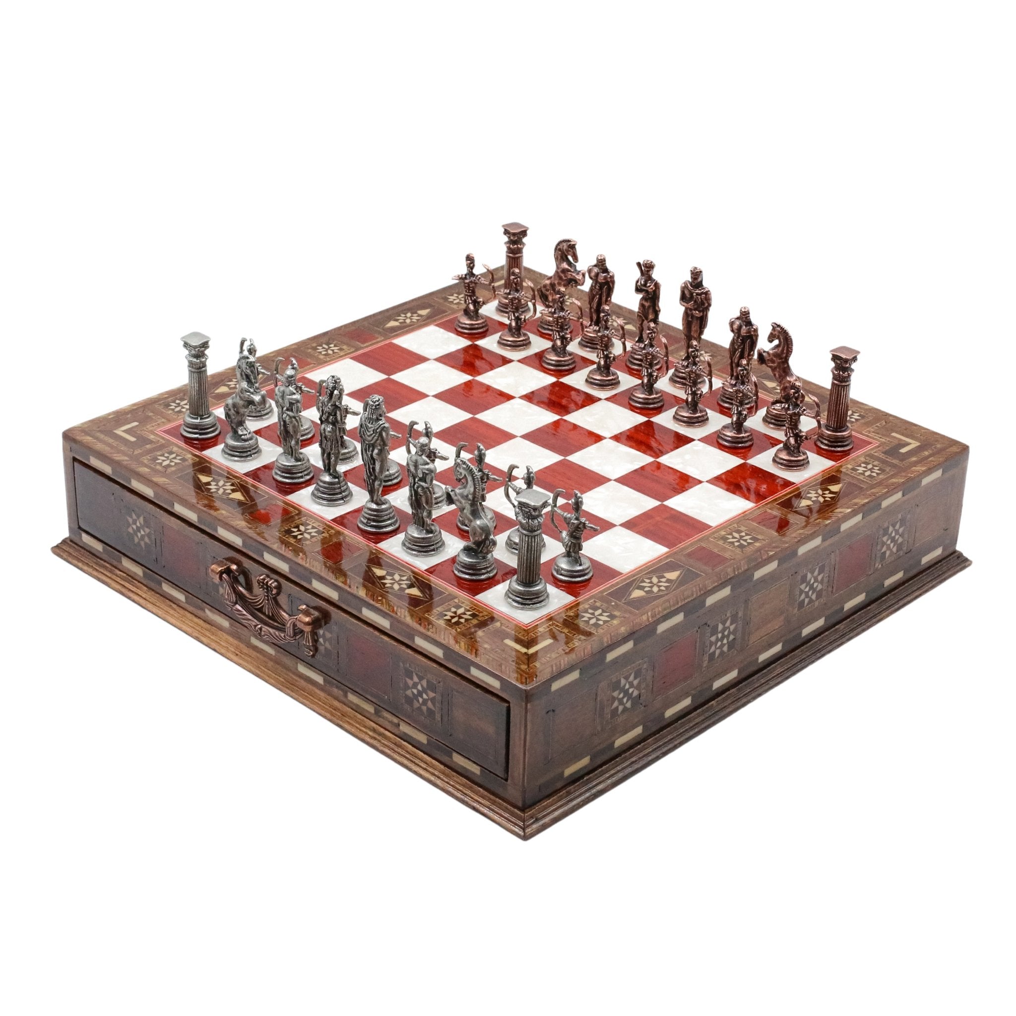 Handmade Inlay Chess Set with Drawer Storage 30 CM (12") - Die Cast Metal Pieces | Vintage Mythology Archer - Cooper Chess