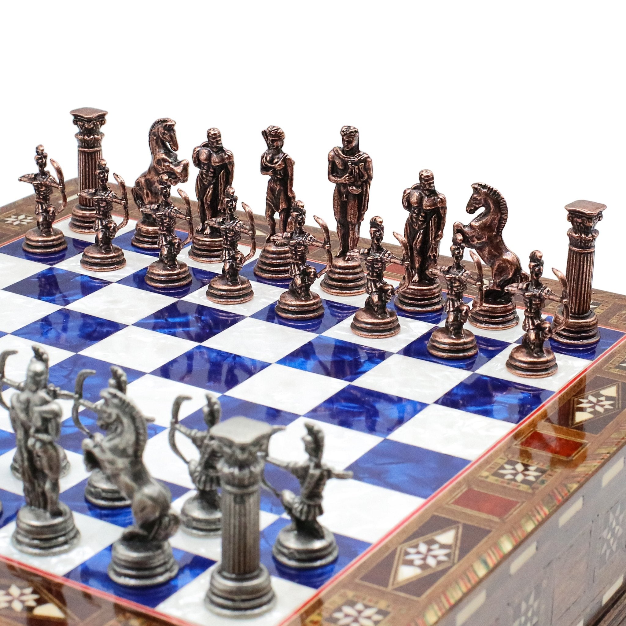 Handmade Inlay Chess Set with Drawer Storage 30 CM (12") - Die Cast Metal Pieces | Vintage Mythology Archer - Cooper Chess