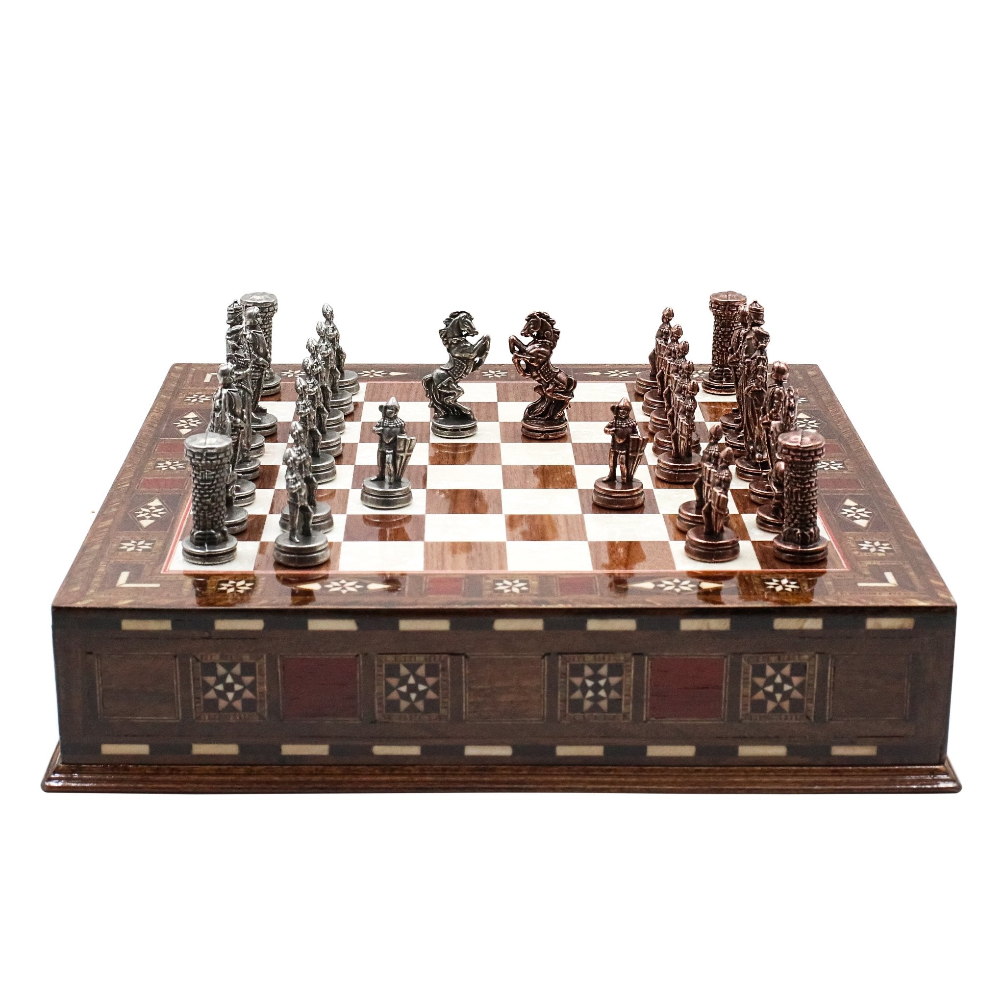 Handmade Inlay Chess Set with Drawer Storage 30 CM (12") - Die Cast Metal Pieces | Vintage Medieval British Army - Cooper Chess
