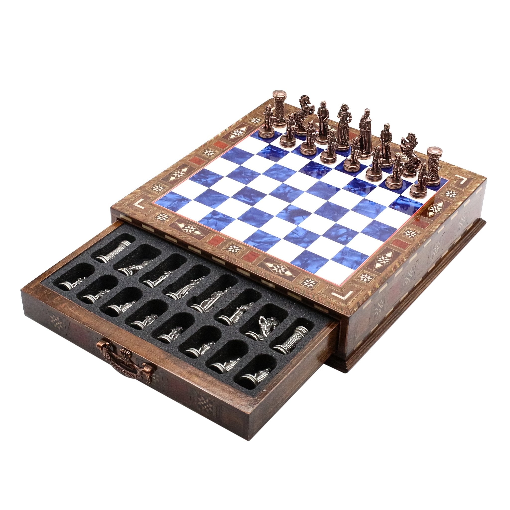 Handmade Inlay Chess Set with Drawer Storage 30 CM (12") - Die Cast Metal Pieces | Vintage Medieval British Army - Cooper Chess