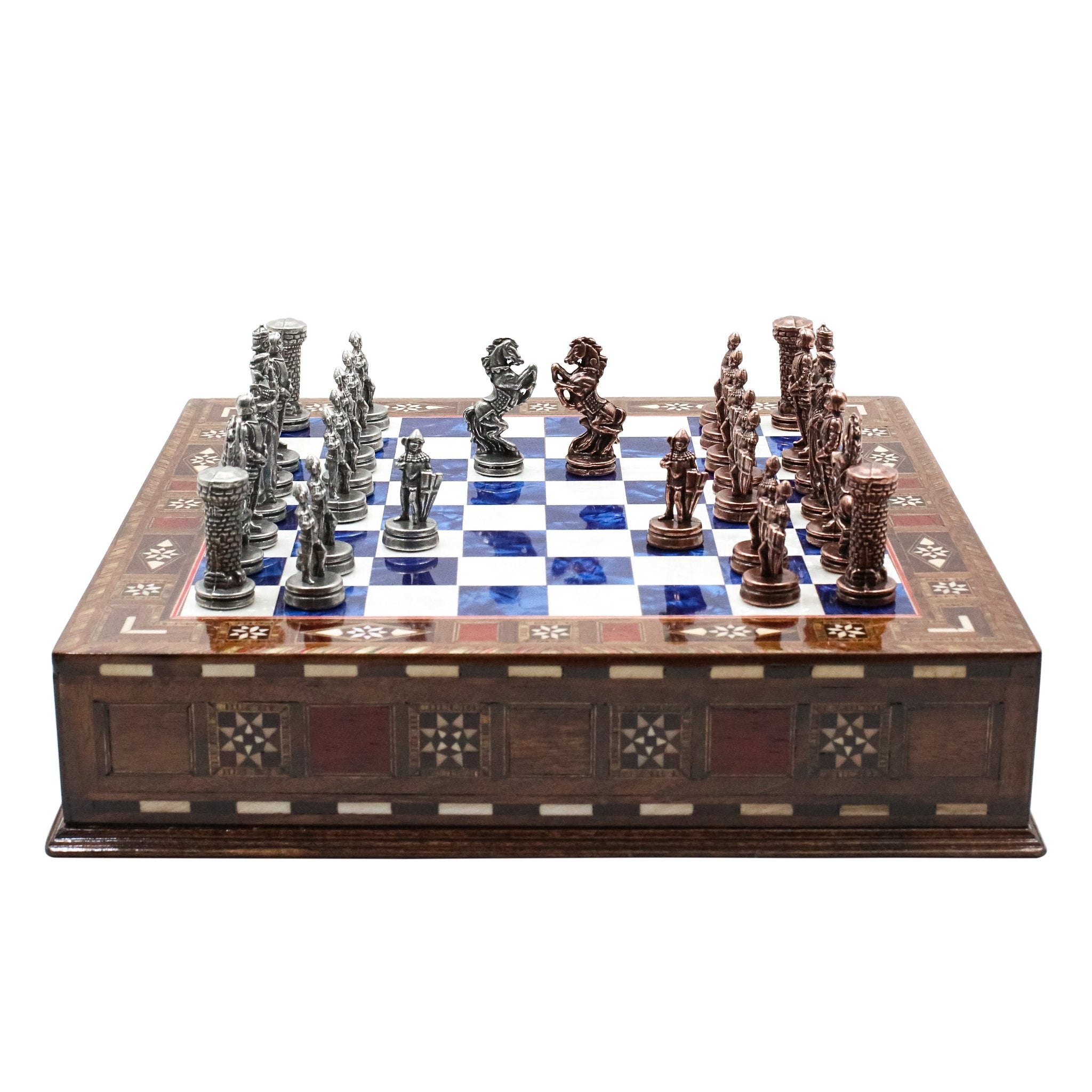 Handmade Inlay Chess Set with Drawer Storage 30 CM (12") - Die Cast Metal Pieces | Vintage Medieval British Army - Cooper Chess