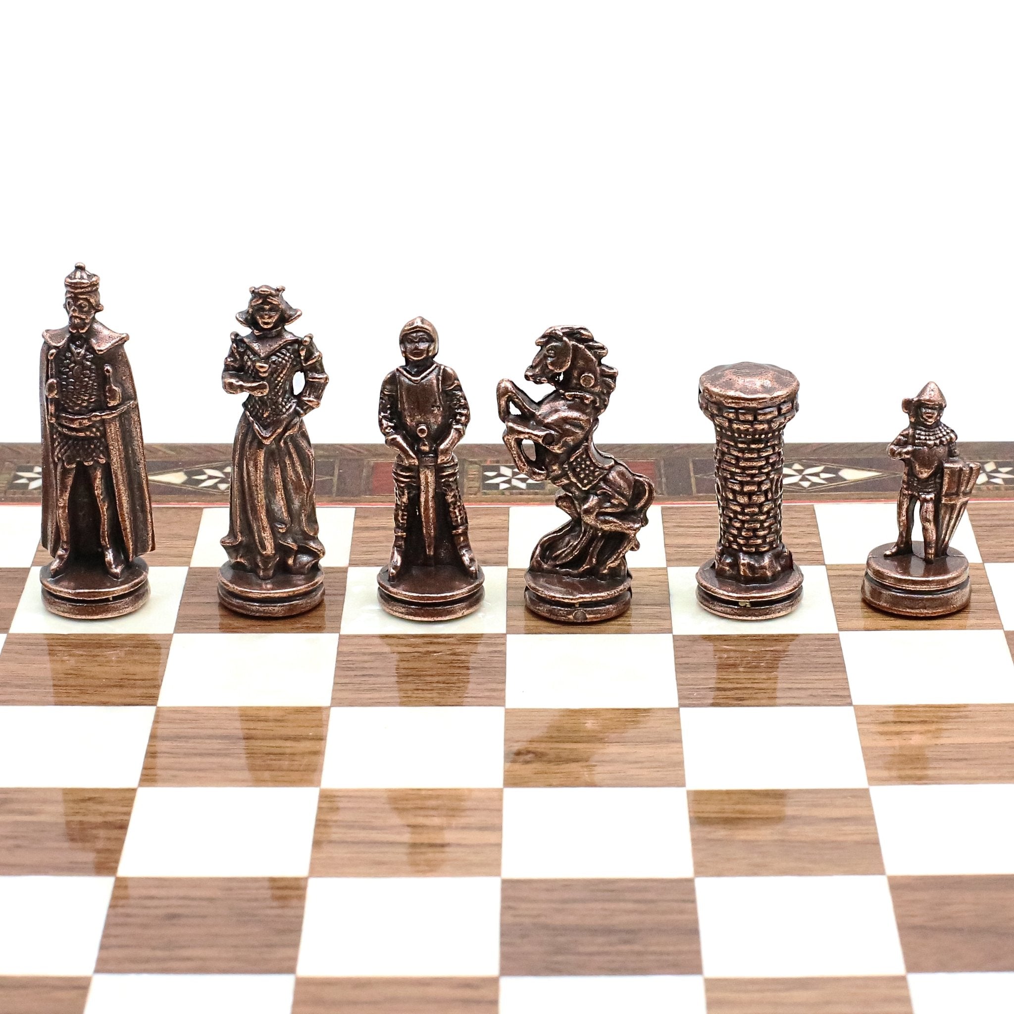 Handmade Inlay Chess Set with Drawer Storage 30 CM (12") - Die Cast Metal Pieces | Vintage Medieval British Army - Cooper Chess