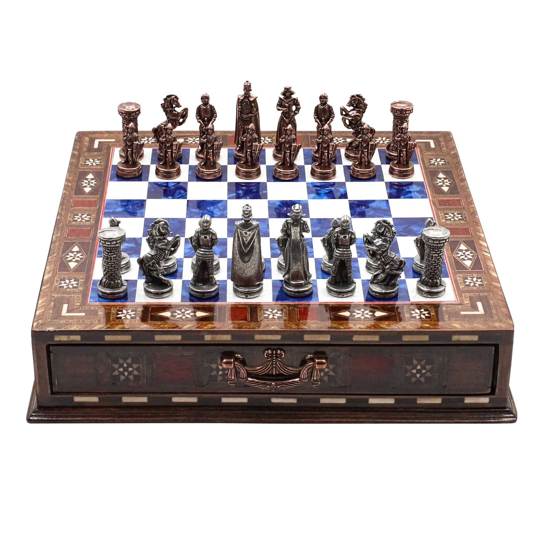 Handmade Inlay Chess Set with Drawer Storage 30 CM (12") - Die Cast Metal Pieces | Vintage Medieval British Army - Cooper Chess