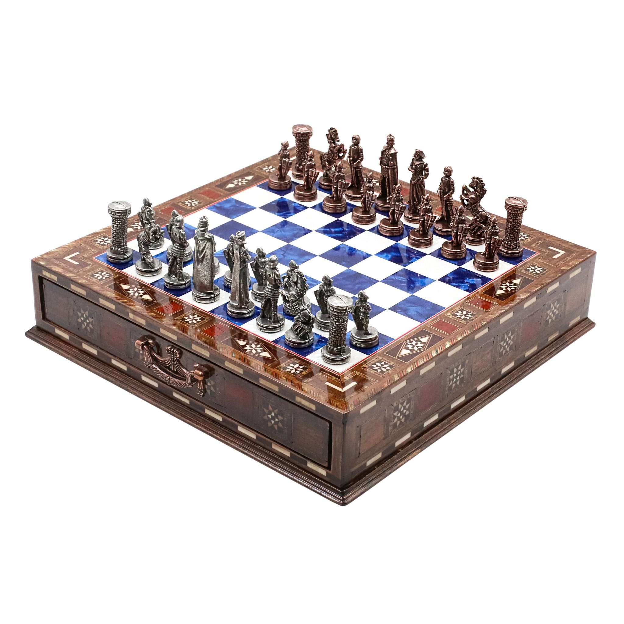 Handmade Inlay Chess Set with Drawer Storage 30 CM (12") - Die Cast Metal Pieces | Vintage Medieval British Army - Cooper Chess