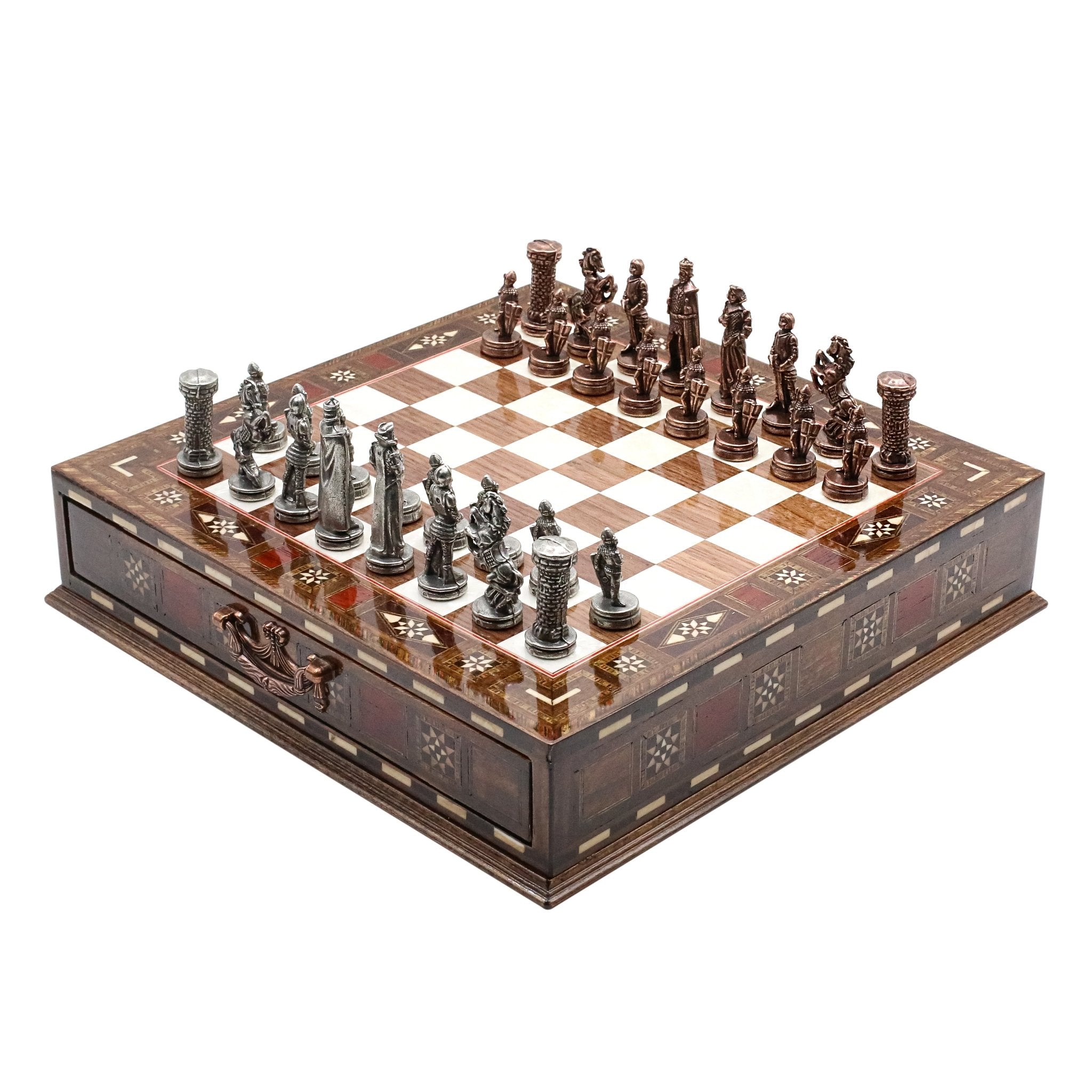 Handmade Inlay Chess Set with Drawer Storage 30 CM (12") - Die Cast Metal Pieces | Vintage Medieval British Army - Cooper Chess