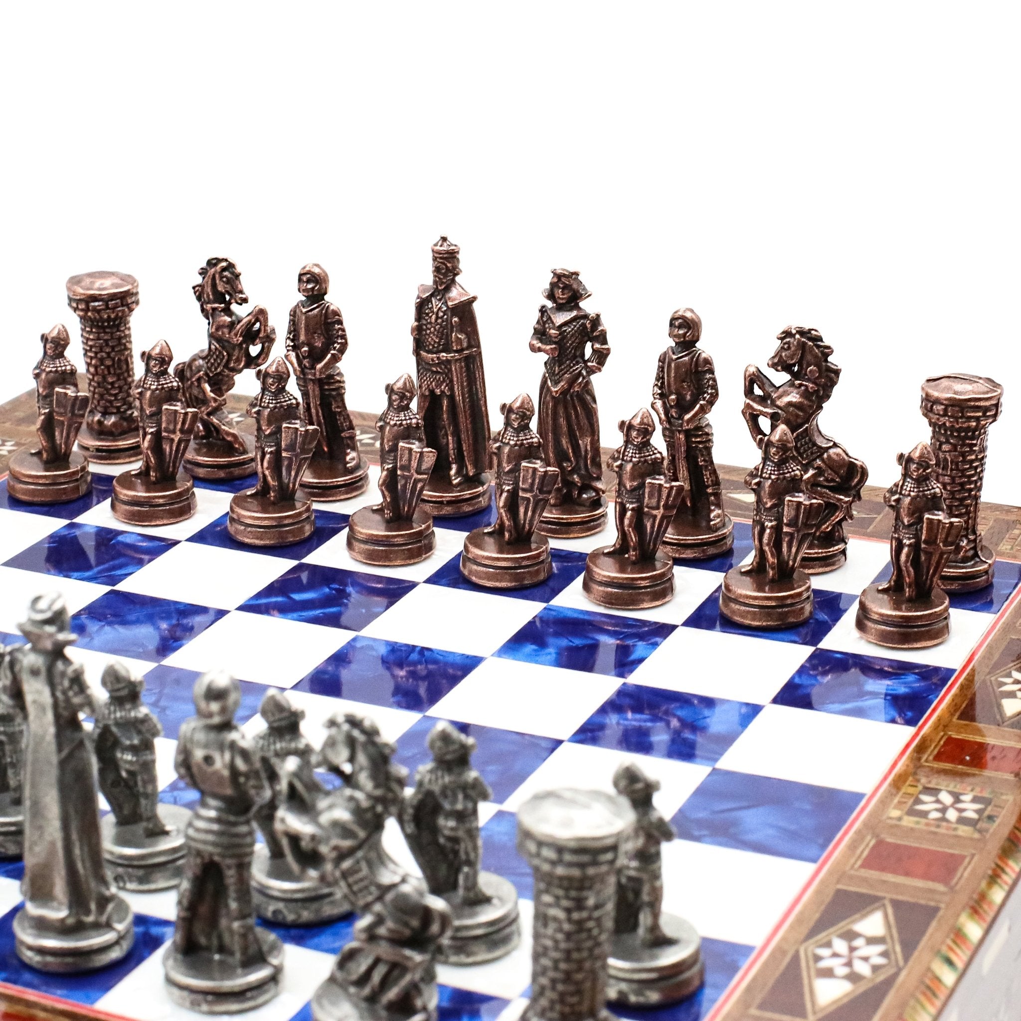 Handmade Inlay Chess Set with Drawer Storage 30 CM (12") - Die Cast Metal Pieces | Vintage Medieval British Army - Cooper Chess