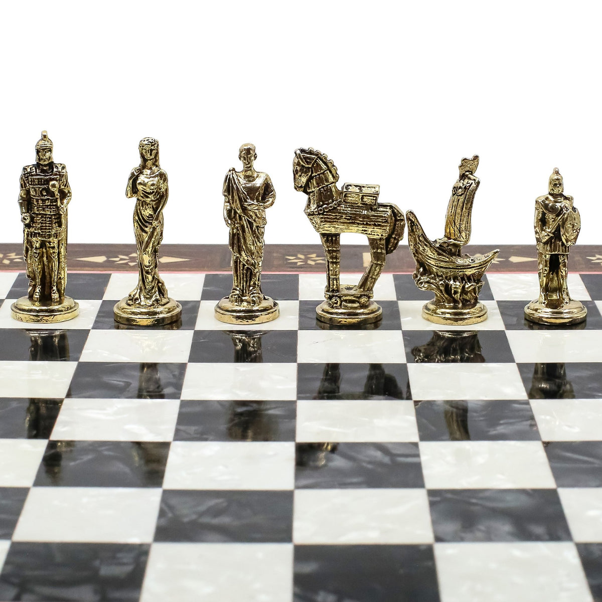 Handmade Inlay Chess Set with Drawer Storage 30 CM (12") - Die Cast Metal Pieces | Troy War Themed - Cooper Chess