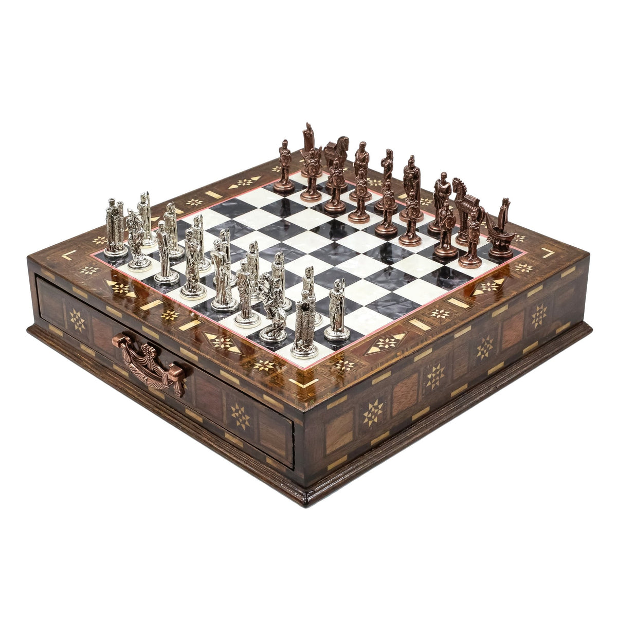 Handmade Inlay Chess Set with Drawer Storage 30 CM (12") - Die Cast Vintage Metal Pieces | Troy War Themed - Cooper Chess