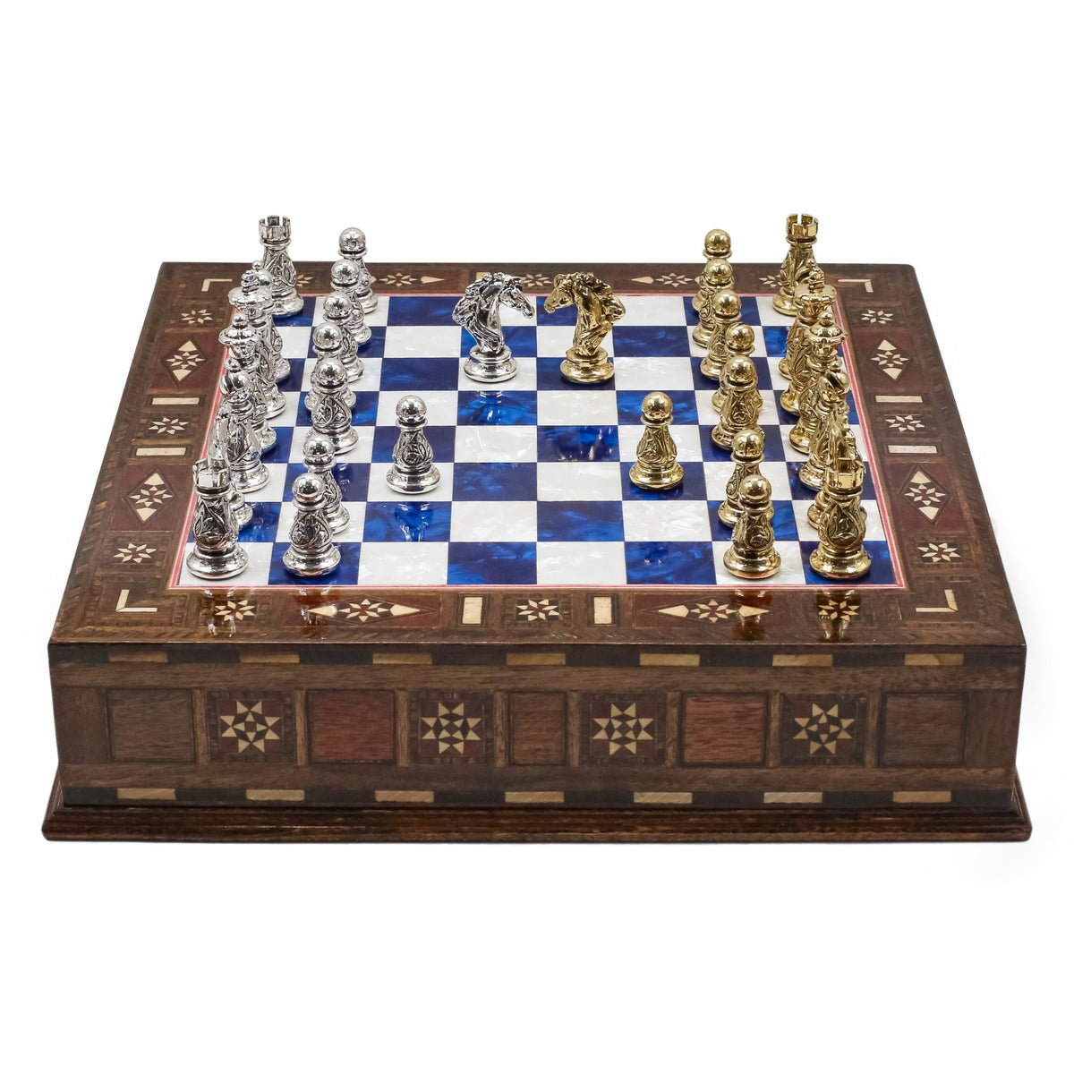 Crystal Baroque Gold Metal Chess Set With Solid Wood Storage Board w/ In-Built Drawer | 30 CM (12 INCH) - Cooper Chess