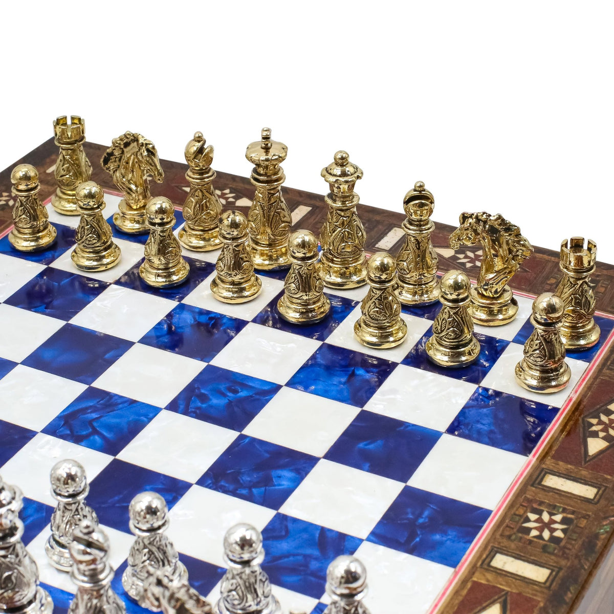 Crystal Baroque Gold Metal Chess Set With Solid Wood Storage Board w/ In-Built Drawer | 30 CM (12 INCH) - Cooper Chess