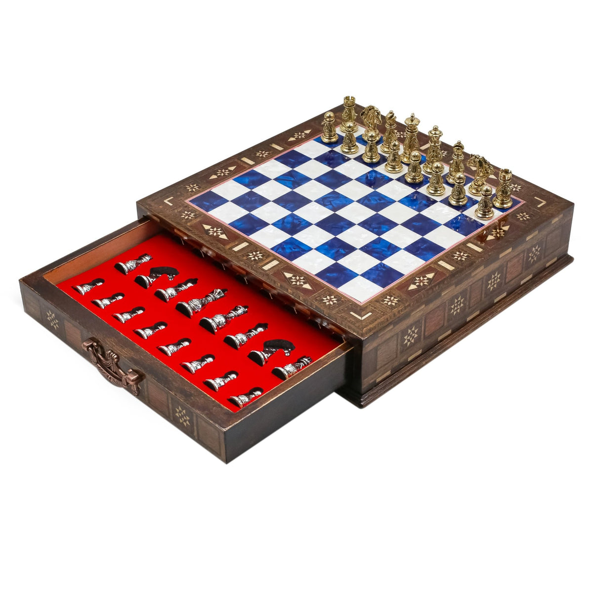 Crystal Baroque Gold Metal Chess Set With Solid Wood Storage Board w/ In-Built Drawer | 30 CM (12 INCH) - Cooper Chess