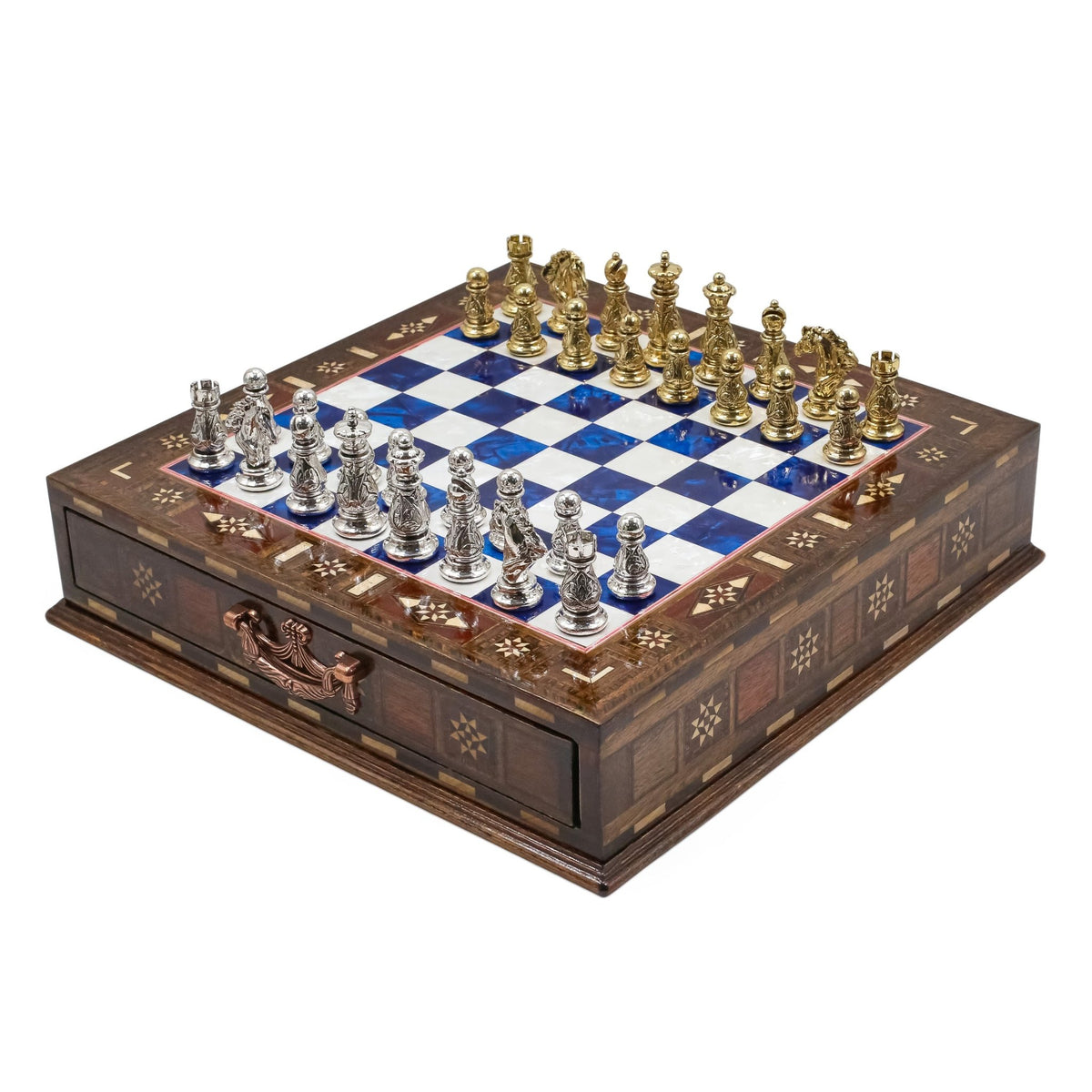 Crystal Baroque Gold Metal Chess Set With Solid Wood Storage Board w/ In-Built Drawer | 30 CM (12 INCH) - Cooper Chess