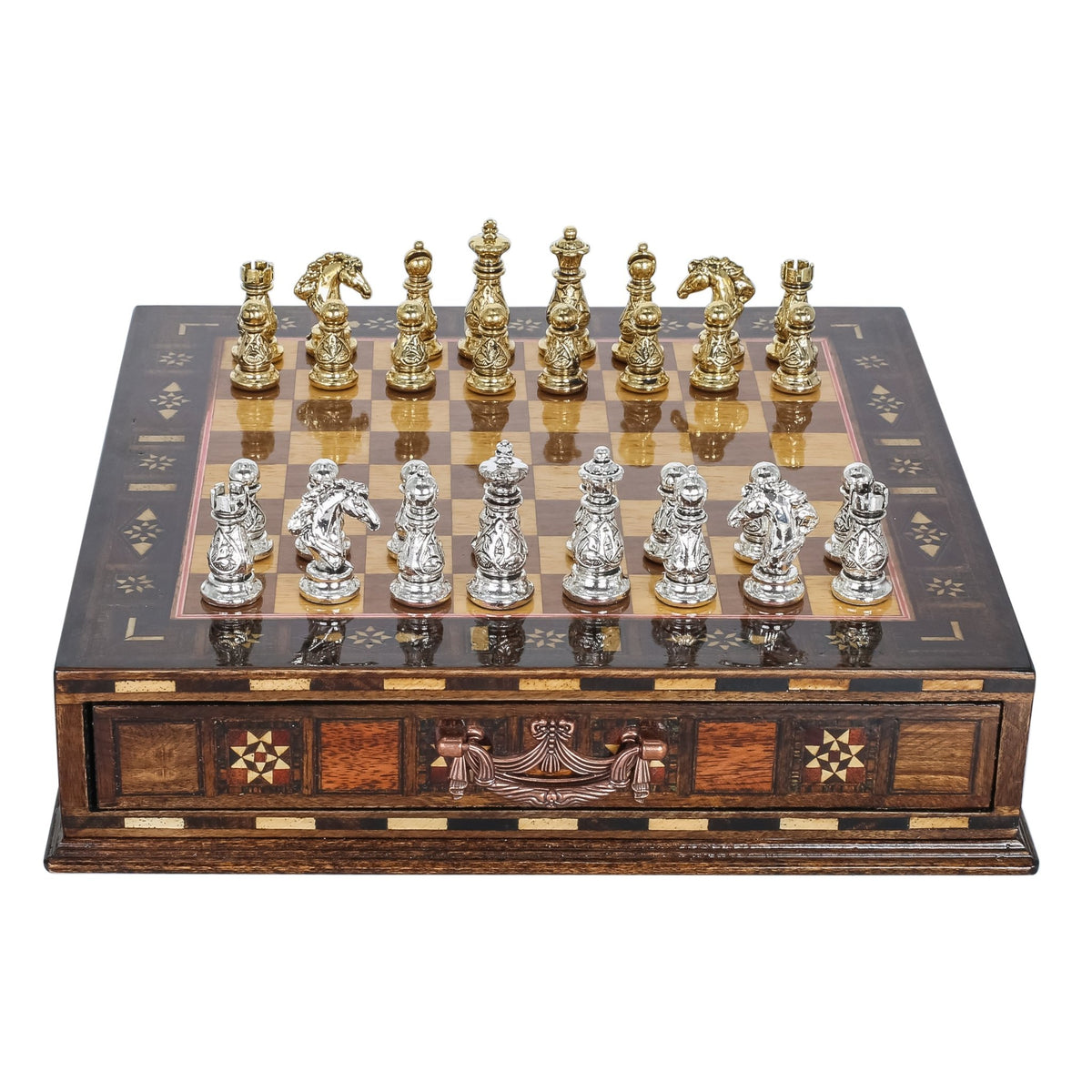 Crystal Baroque Gold Metal Chess Set With Solid Wood Storage Board w/ In-Built Drawer | 30 CM (12 INCH) - Cooper Chess