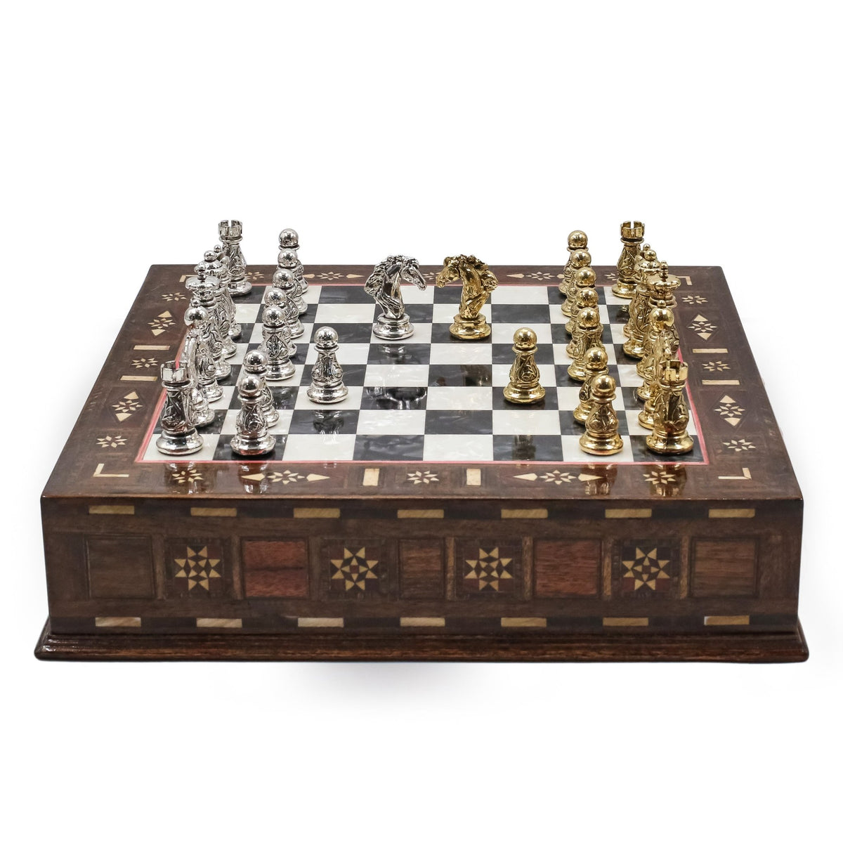 Crystal Baroque Gold Metal Chess Set With Solid Wood Storage Board w/ In-Built Drawer | 30 CM (12 INCH) - Cooper Chess