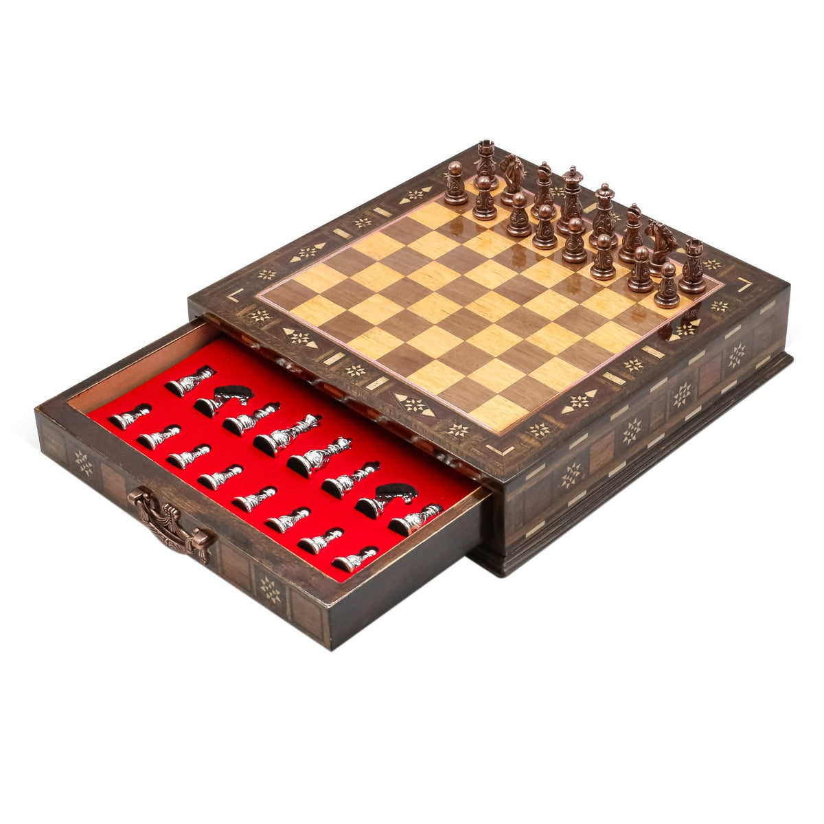 Crystal Baroque Bronze Metal Chess Set With Solid Wood Storage Board w/ In-Built Drawer | 30 CM (12 INCH) - Cooper Chess