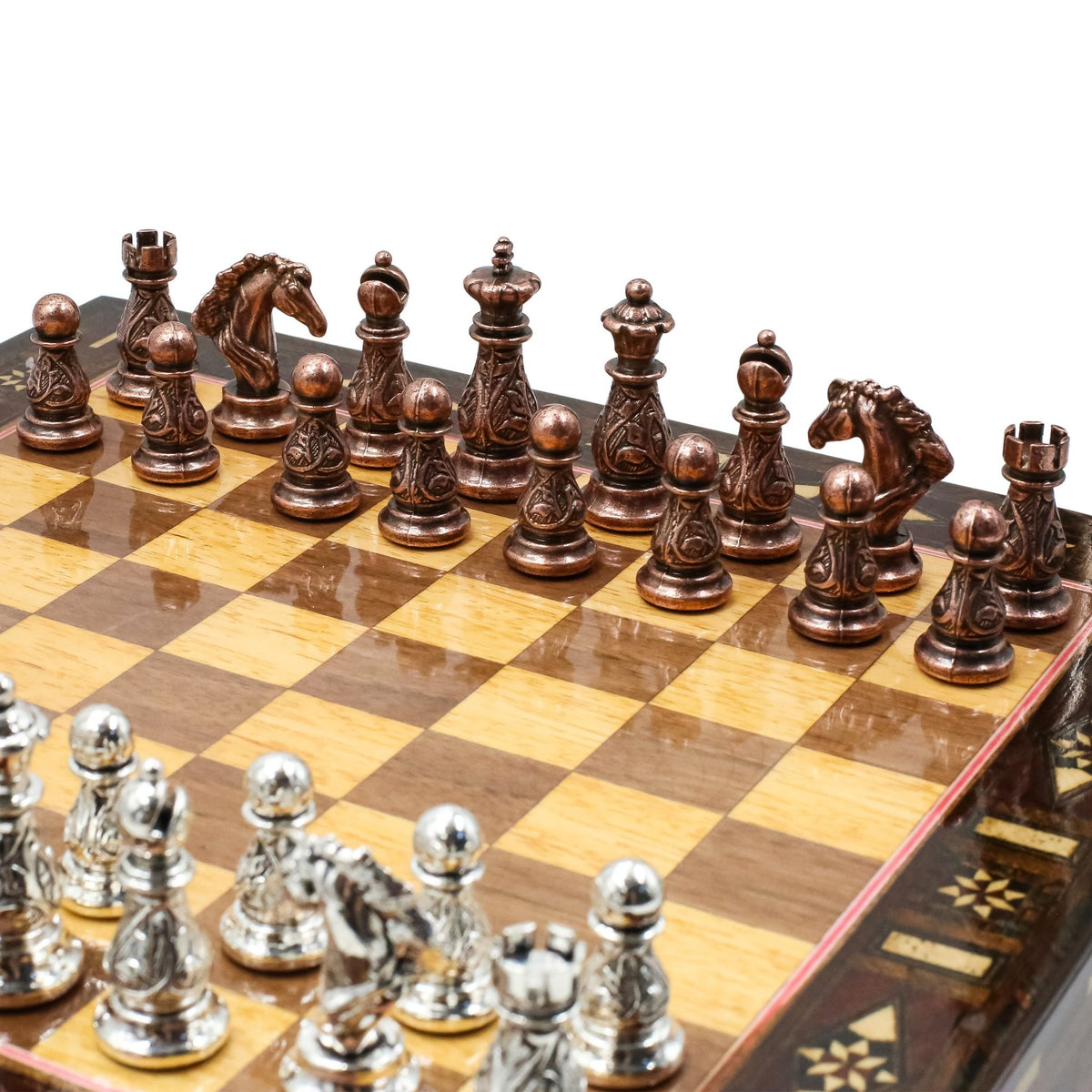 Crystal Baroque Bronze Metal Chess Set With Solid Wood Storage Board w/ In-Built Drawer | 30 CM (12 INCH) - Cooper Chess