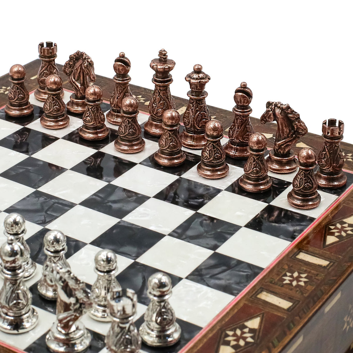 Crystal Baroque Bronze Metal Chess Set With Solid Wood Storage Board w/ In-Built Drawer | 30 CM (12 INCH) - Cooper Chess