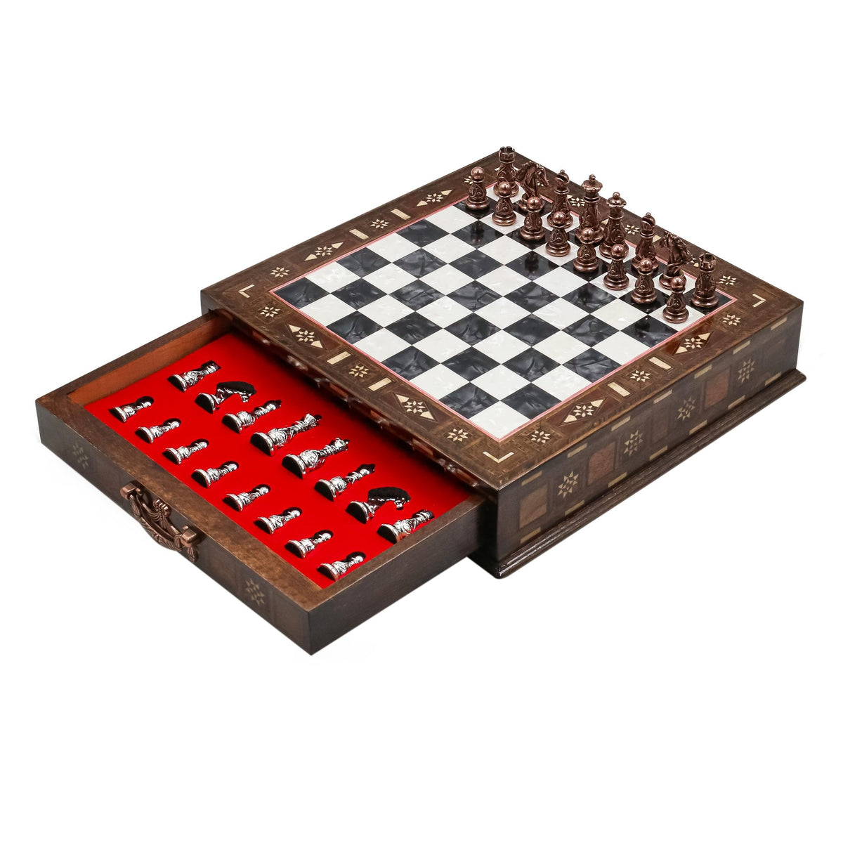 Crystal Baroque Bronze Metal Chess Set With Solid Wood Storage Board w/ In-Built Drawer | 30 CM (12 INCH) - Cooper Chess