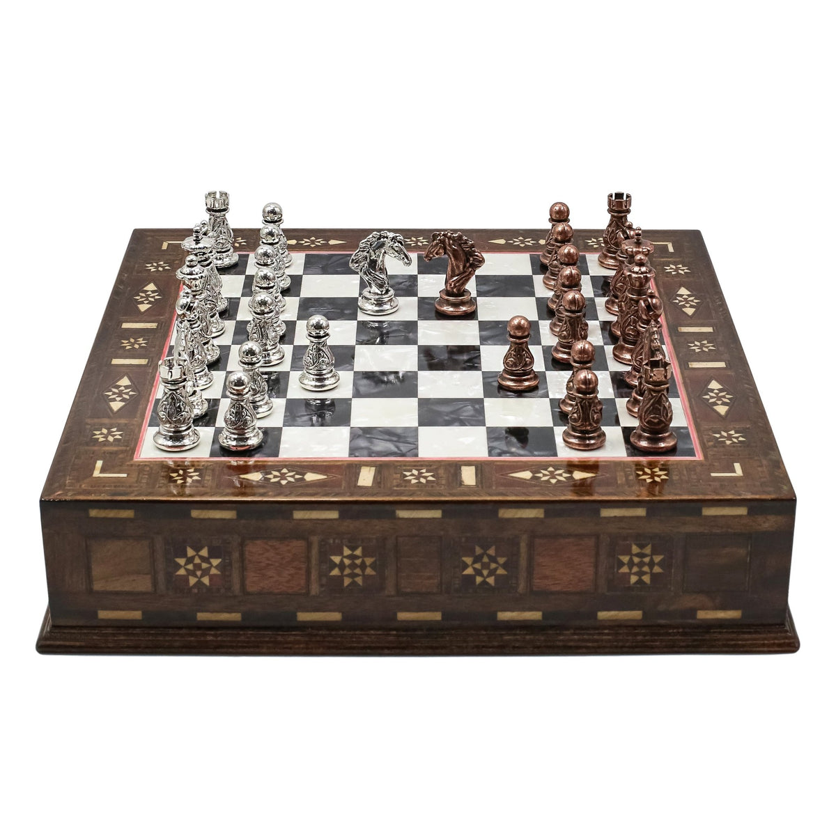 Crystal Baroque Bronze Metal Chess Set With Solid Wood Storage Board w/ In-Built Drawer | 30 CM (12 INCH) - Cooper Chess