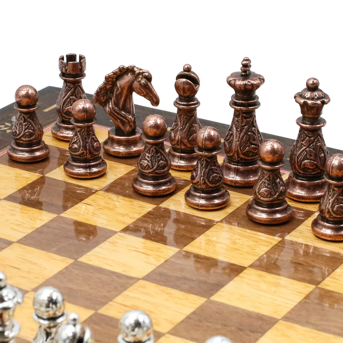 Crystal Baroque Bronze Metal Chess Set With Solid Wood Storage Board w/ In-Built Drawer | 30 CM (12 INCH) - Cooper Chess