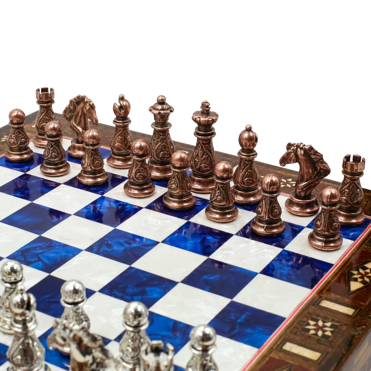 Crystal Baroque Bronze Metal Chess Set With Solid Wood Storage Board w/ In-Built Drawer | 30 CM (12 INCH) - Cooper Chess