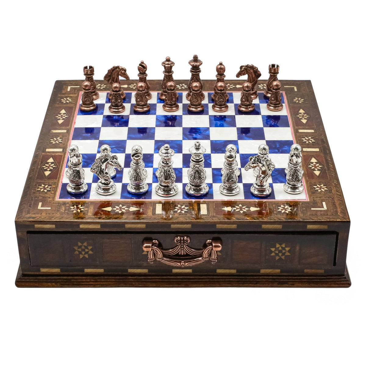 Crystal Baroque Bronze Metal Chess Set With Solid Wood Storage Board w/ In-Built Drawer | 30 CM (12 INCH) - Cooper Chess