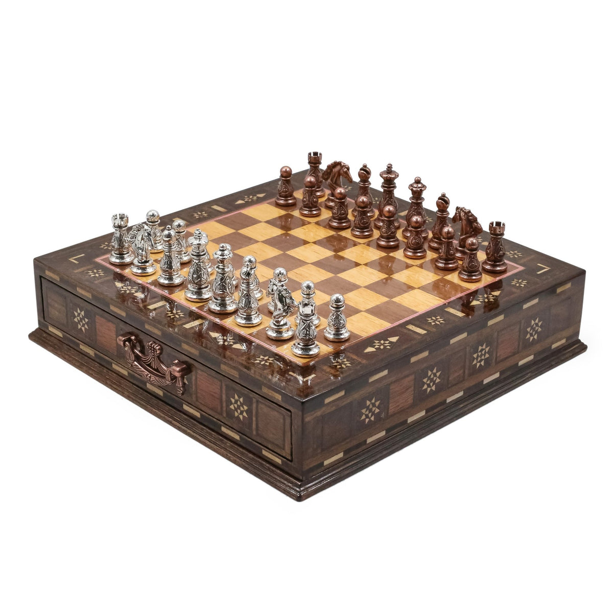 Crystal Baroque Bronze Metal Chess Set With Solid Wood Storage Board w/ In-Built Drawer | 30 CM (12 INCH) - Cooper Chess