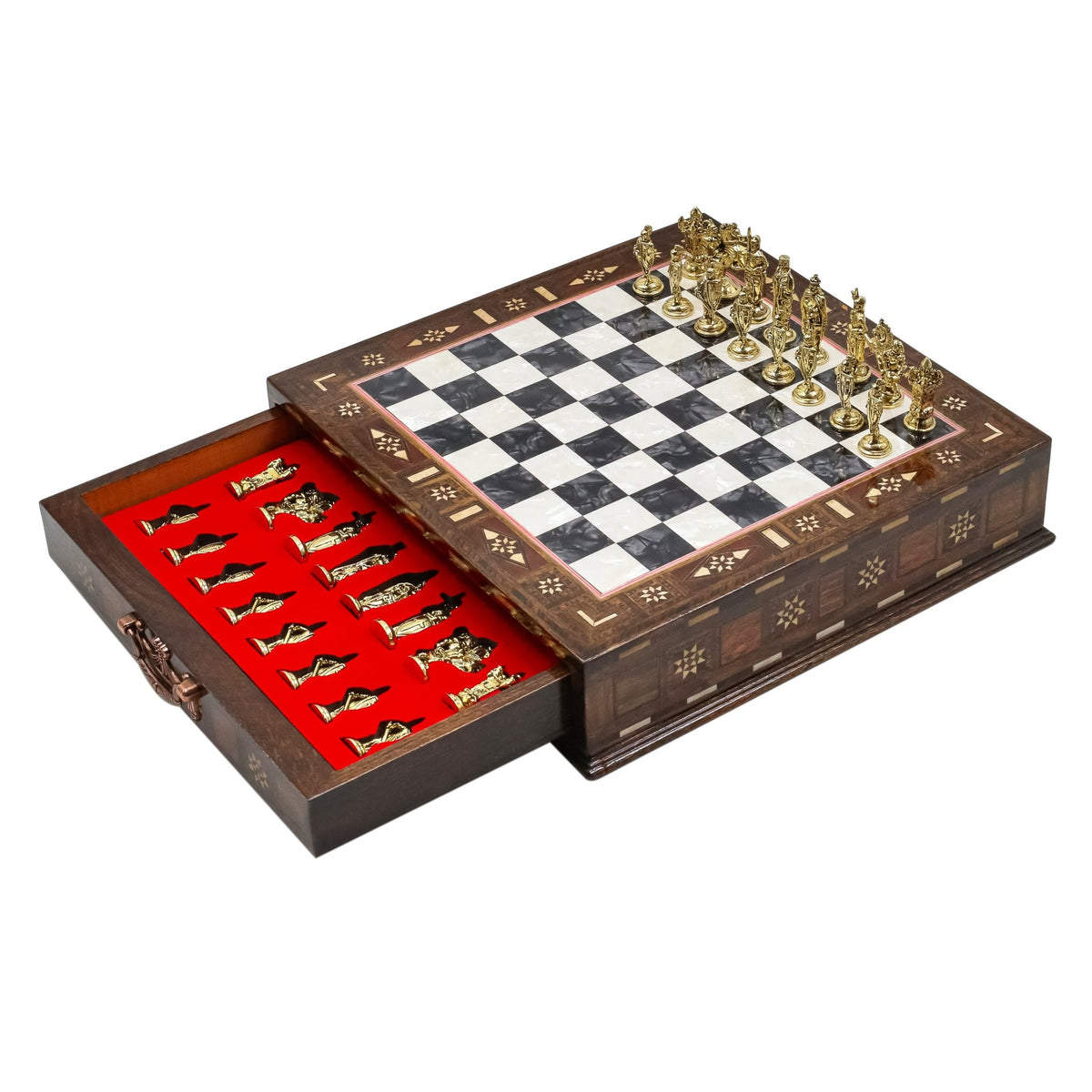 Handmade Inlay Chess Set with Drawer Storage 30 CM (12") - Die Cast Metal Pieces | Ottoman vs Byzantine War Themed - Cooper Chess