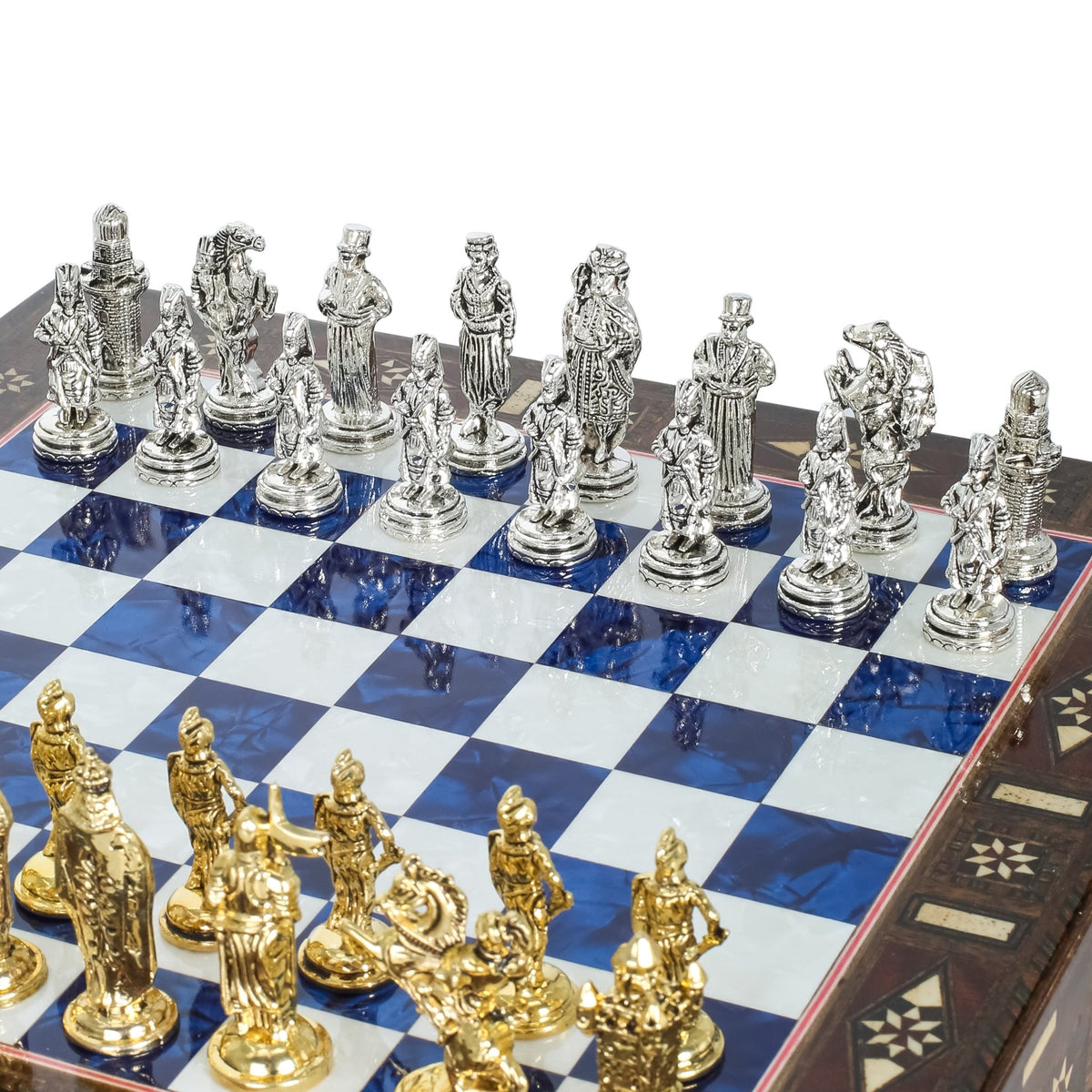 Handmade Inlay Chess Set with Drawer Storage 30 CM (12") - Die Cast Metal Pieces | Ottoman vs Byzantine War Themed - Cooper Chess
