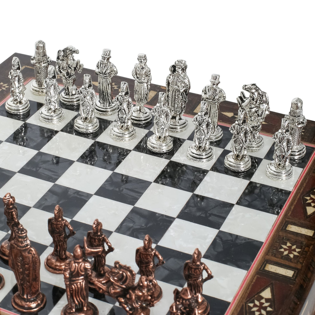 Handmade Inlay Chess Set with Drawer Storage 30 CM (12") - Die Cast Vintage Metal Pieces | Ottoman vs Byzantine War Themed - Cooper Chess