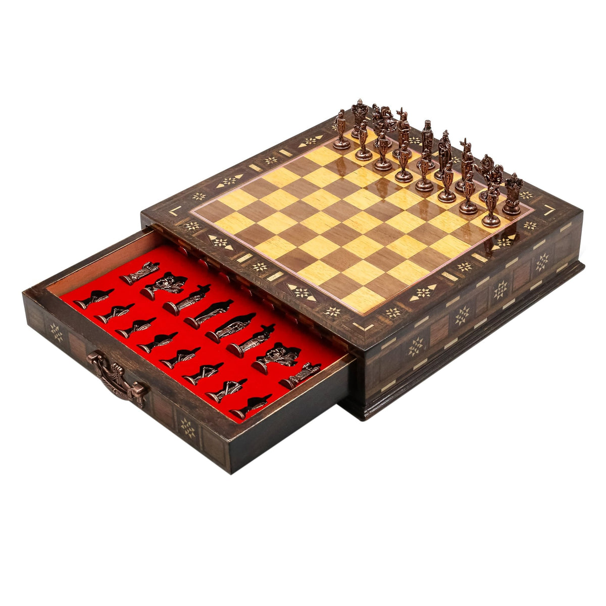 Handmade Inlay Chess Set with Drawer Storage 30 CM (12") - Die Cast Vintage Metal Pieces | Ottoman vs Byzantine War Themed - Cooper Chess