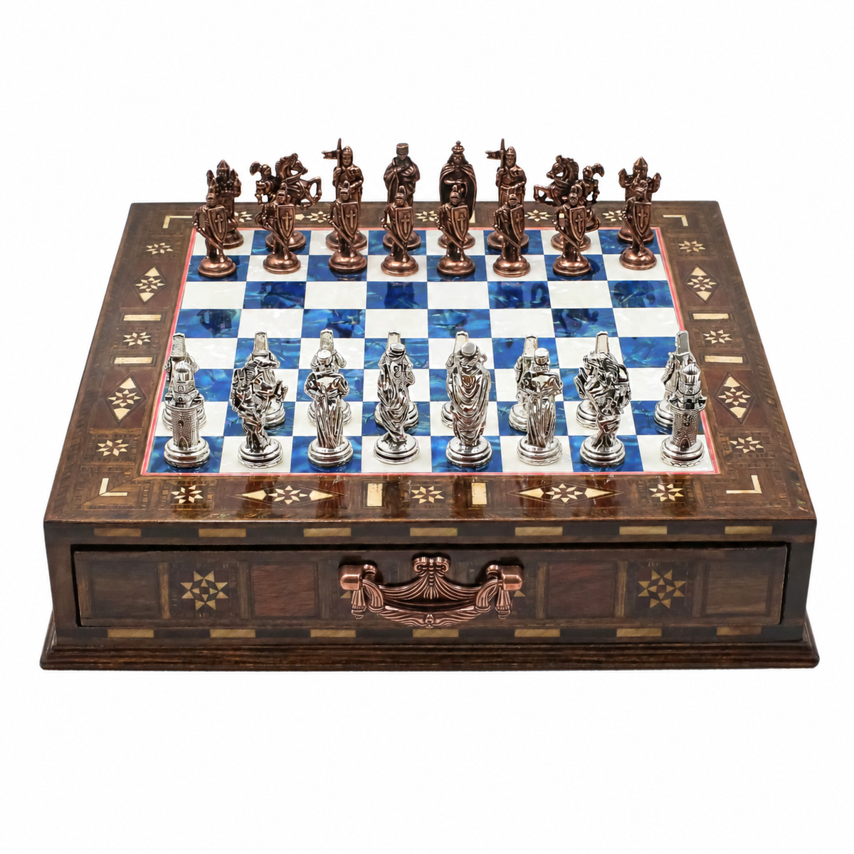 Handmade Inlay Chess Set with Drawer Storage 30 CM (12") - Die Cast Vintage Metal Pieces | Ottoman vs Byzantine War Themed