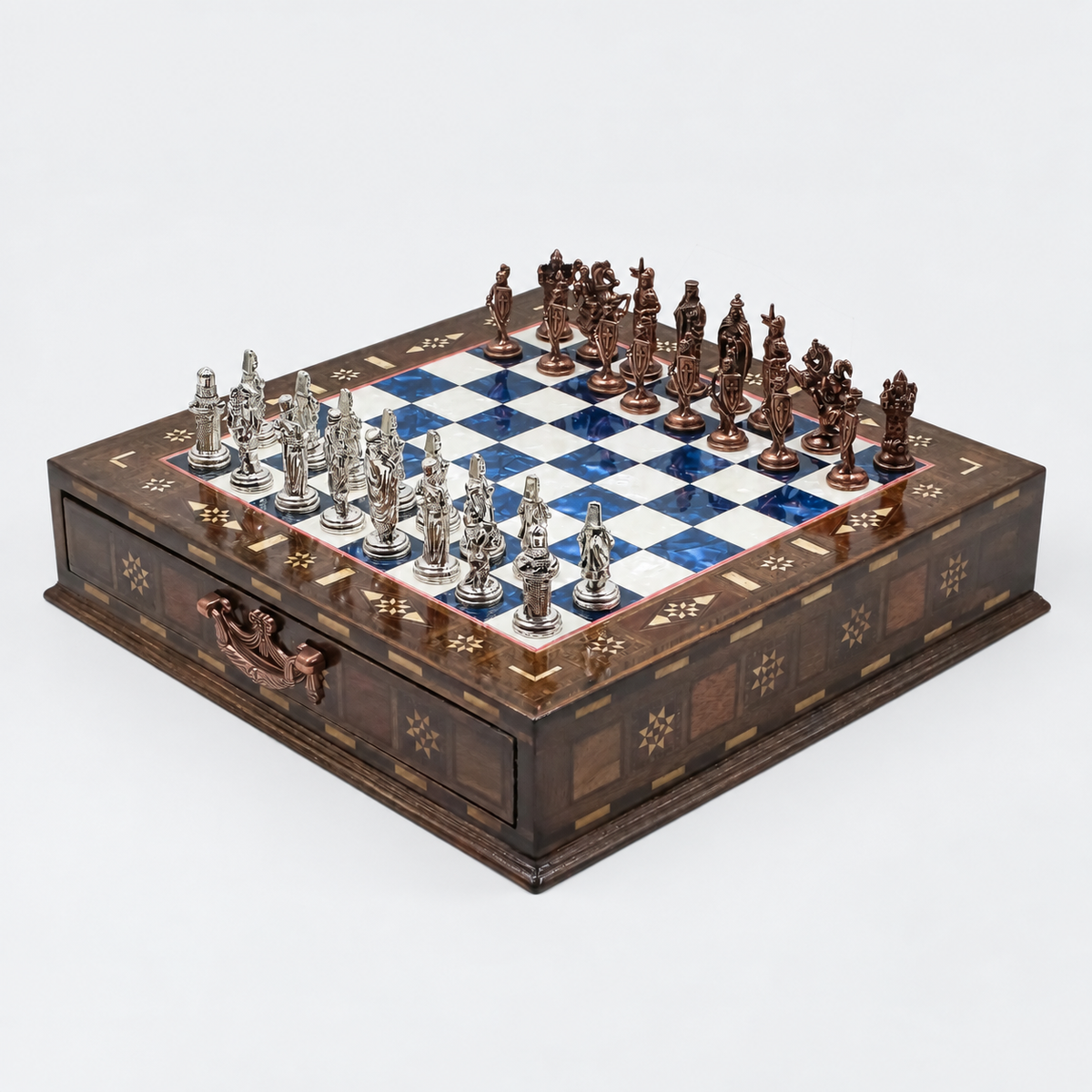 Handmade Inlay Chess Set with Drawer Storage 30 CM (12") - Die Cast Vintage Metal Pieces | Ottoman vs Byzantine War Themed